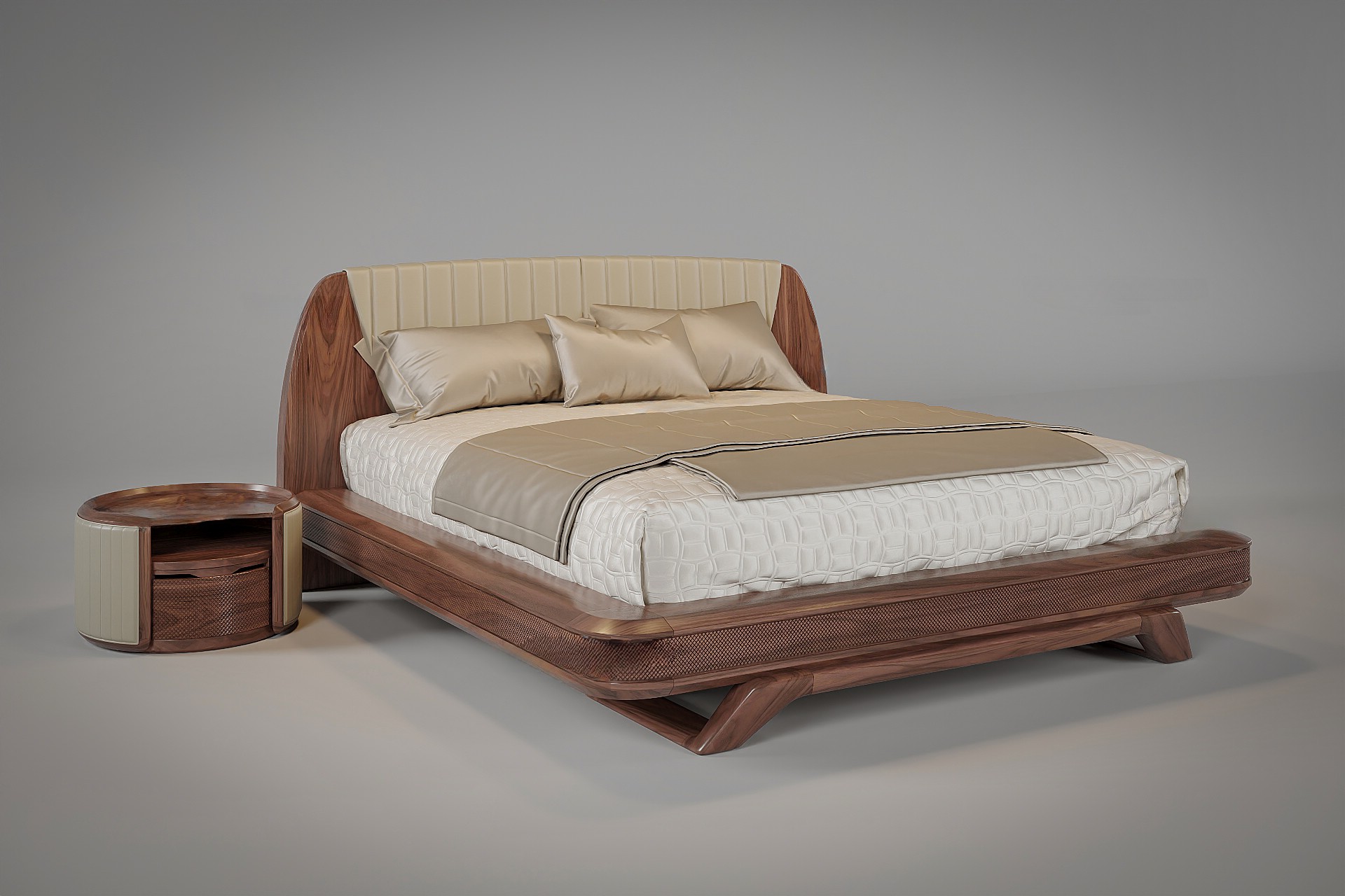 Giường ngủ đẹp hiện đại khung gỗ CNC mắt cáo và tựa đầu bọc da be vàng