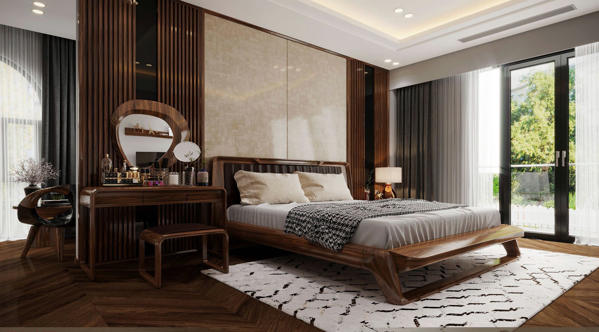 Giường ngủ đôi gỗ óc chó Platform chân chữ U bo tròn đầu giường bọc da PU đen