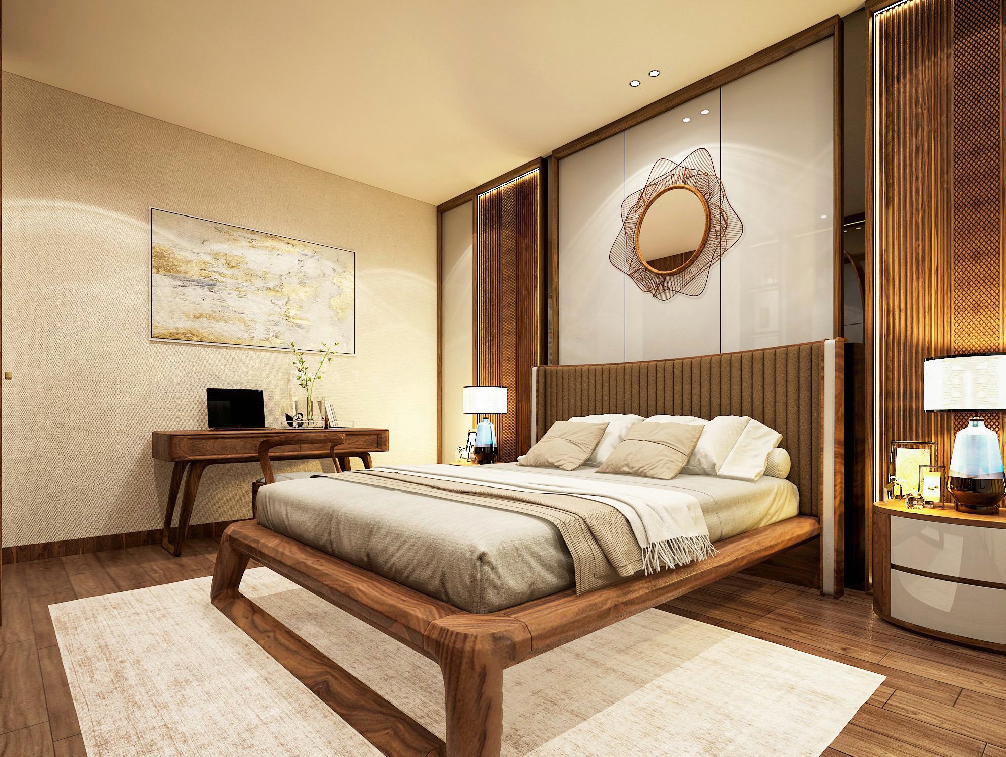 Giường ngủ gỗ cao cấp gỗ óc chó Platform chân chữ U bo tròn