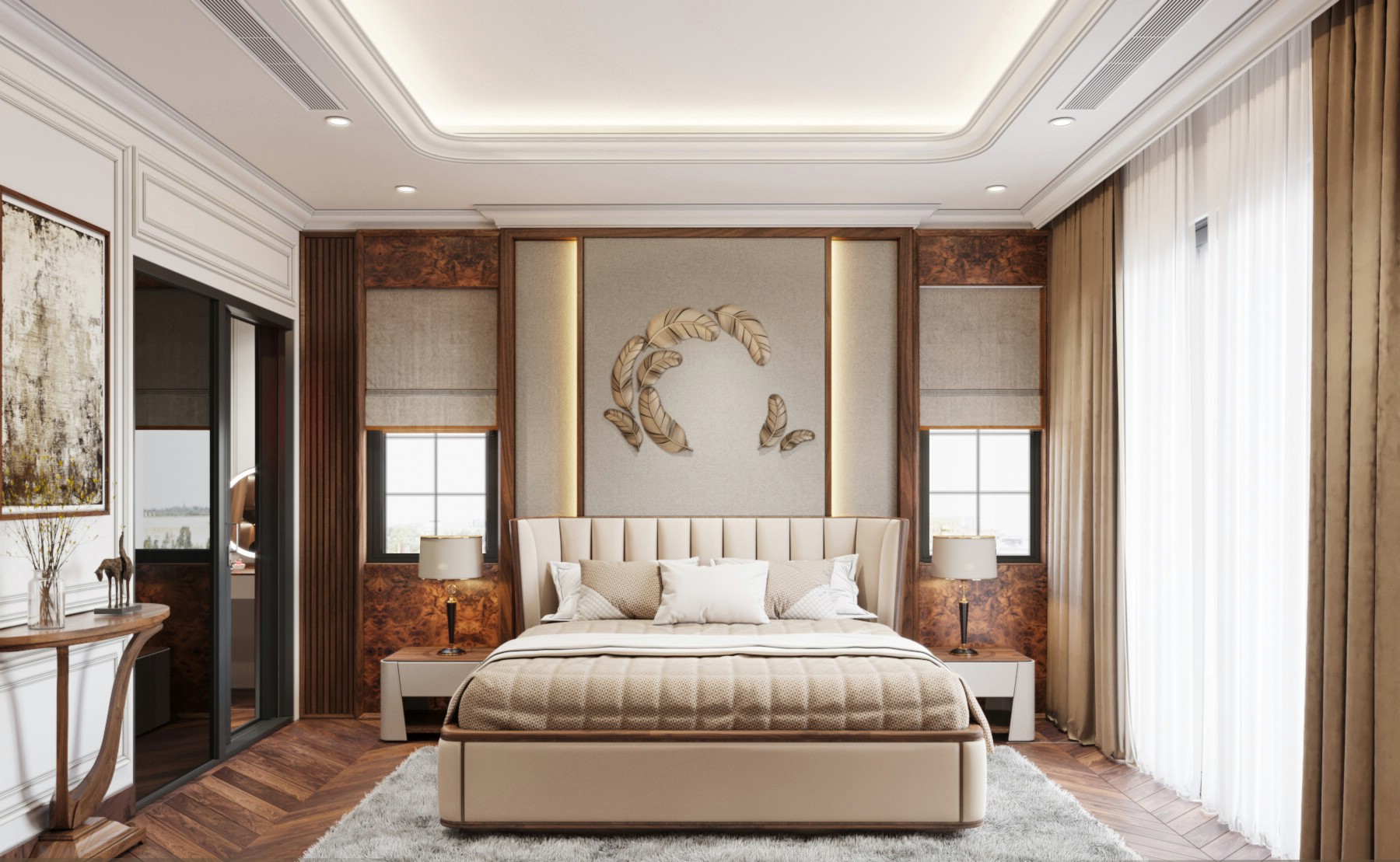 Giường ngủ gỗ hiện đại khung gỗ óc chó hoặc gỗ sồi với tựa vòm cung bọc da chần bông