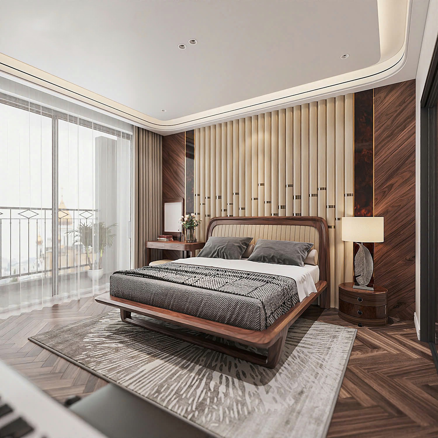 Giường ngủ gỗ tự nhiên cao cấp khung chữ U liền khối và tựa đầu bọc da be vàng