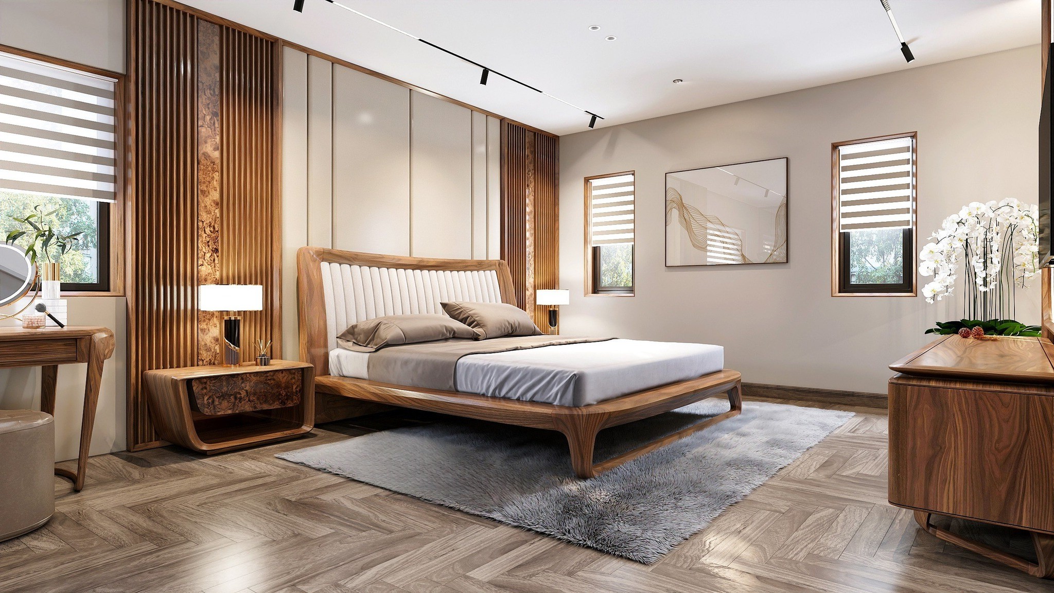 Giường ngủ gỗ tự nhiên hiện đại màu nâu nhạt sang trọng