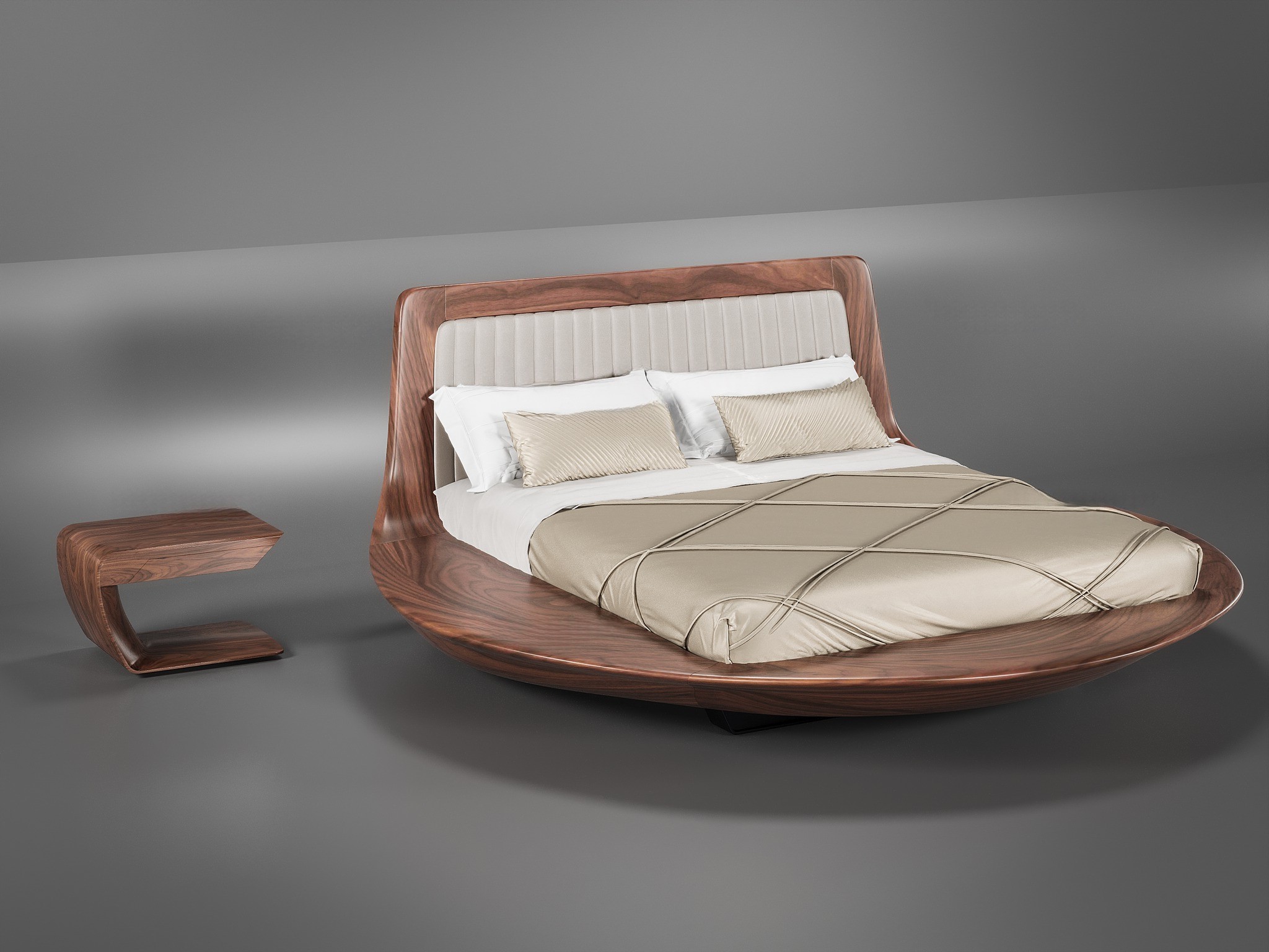 Giường ngủ gỗ tự nhiên dáng tròn với chân ẩn kim loại và tựa bọc da màu ghi sáng