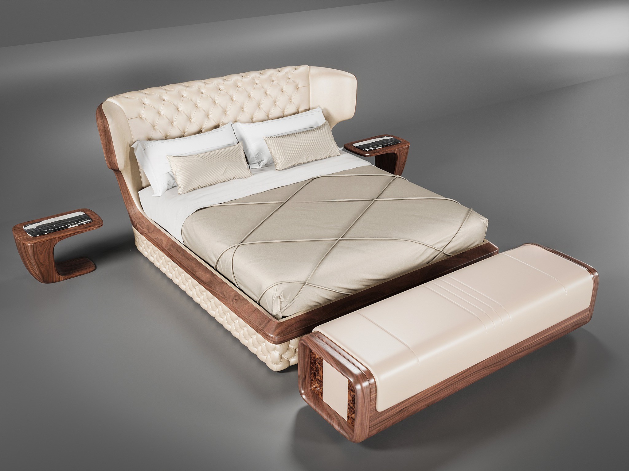 Giường ngủ hiện đại cao cấp gỗ óc chó với da chần nút và ghế băng cuối giường