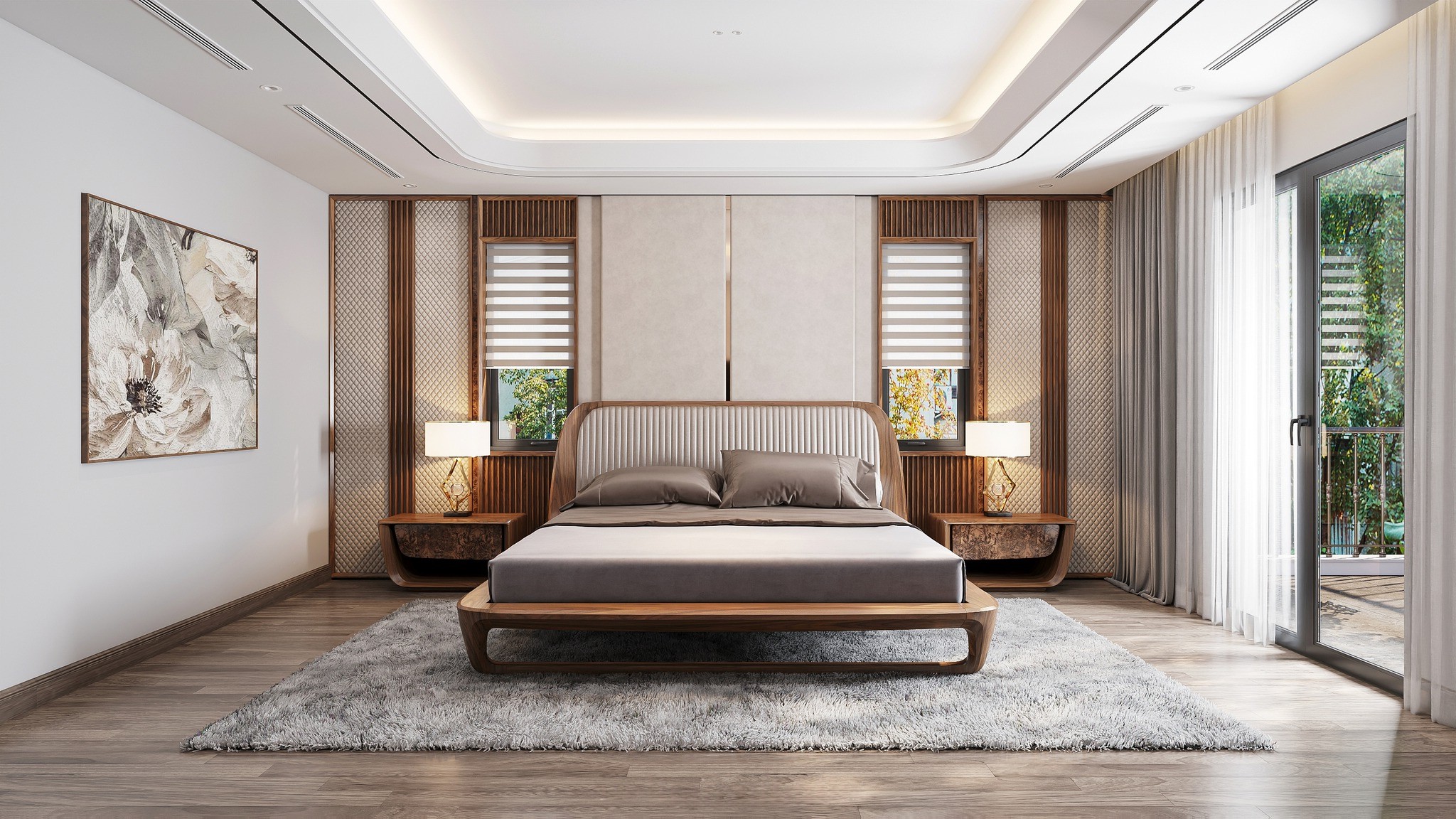 Giường ngủ hiện đại đơn giản bằng gỗ tự nhiên tựa đầu bọc da kem