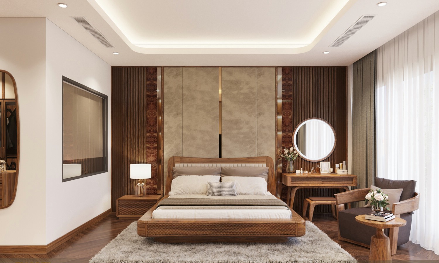 Giường ngủ sang trọng hình hộp chữ nhật ốp gỗ CNC mắt cáo, bo tròn góc, chân ẩn; đầu giường cao bọc nỉ/da chần dọc màu trắng be