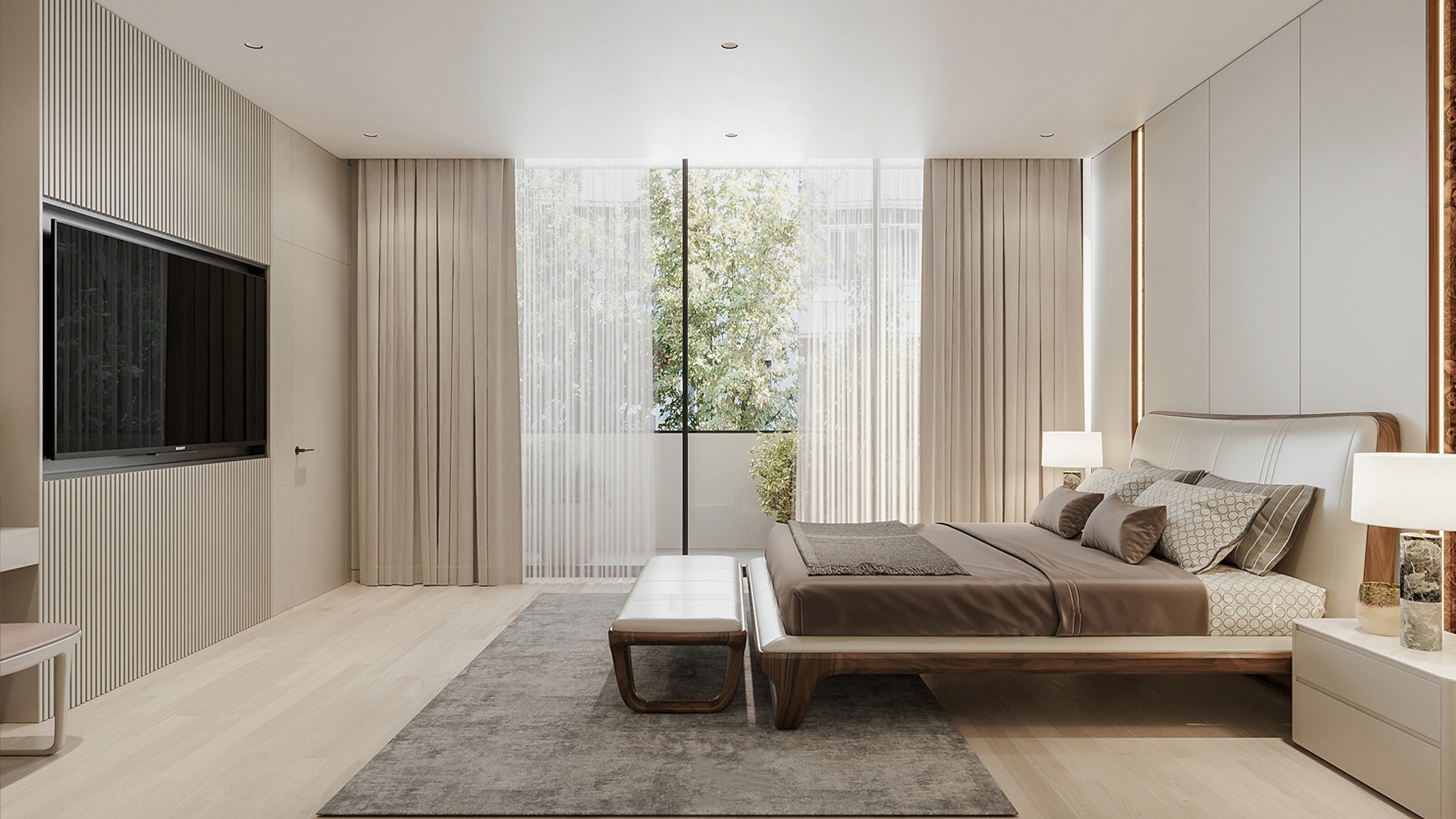 Giường ngủ thấp gỗ óc chó tự nhiên khung bọc nệm da hiện đại