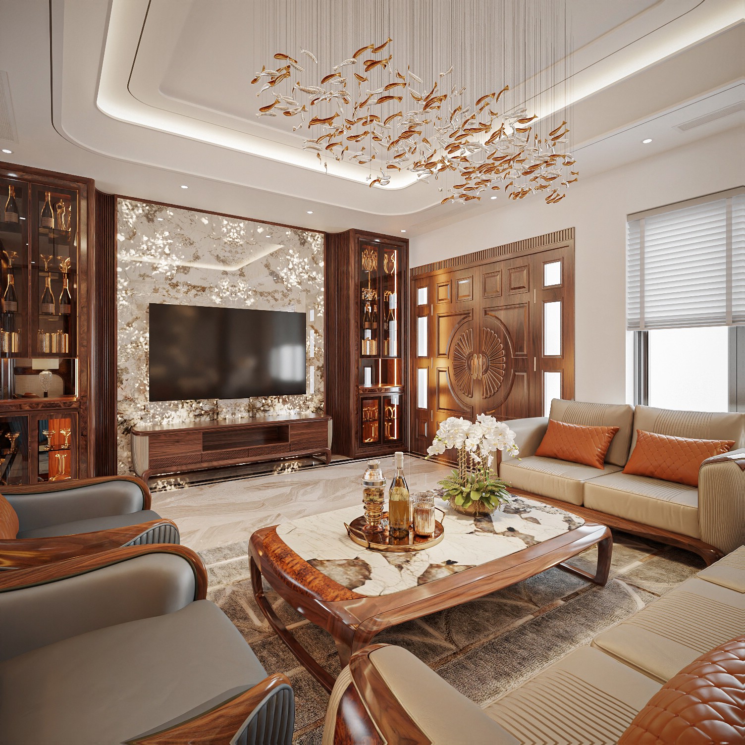 Kệ tivi cao cấp bằng gỗ MDF phủ veneer gỗ óc chó hiện đại với chân chữ U liền khối