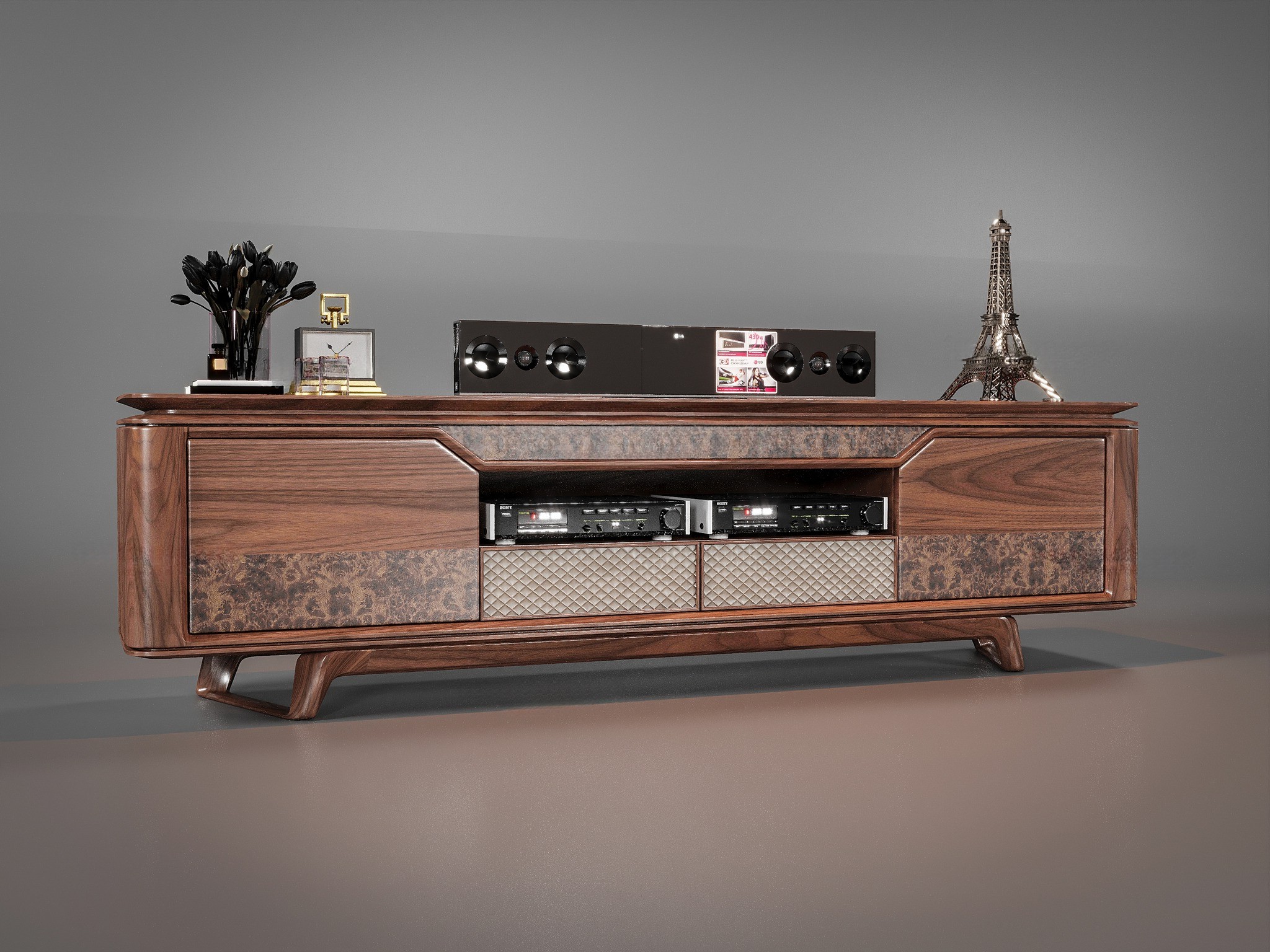 Kệ tivi đẹp hiện đại gỗ óc chó thiết kế bo tròn và ngăn kéo ốp da quả trám