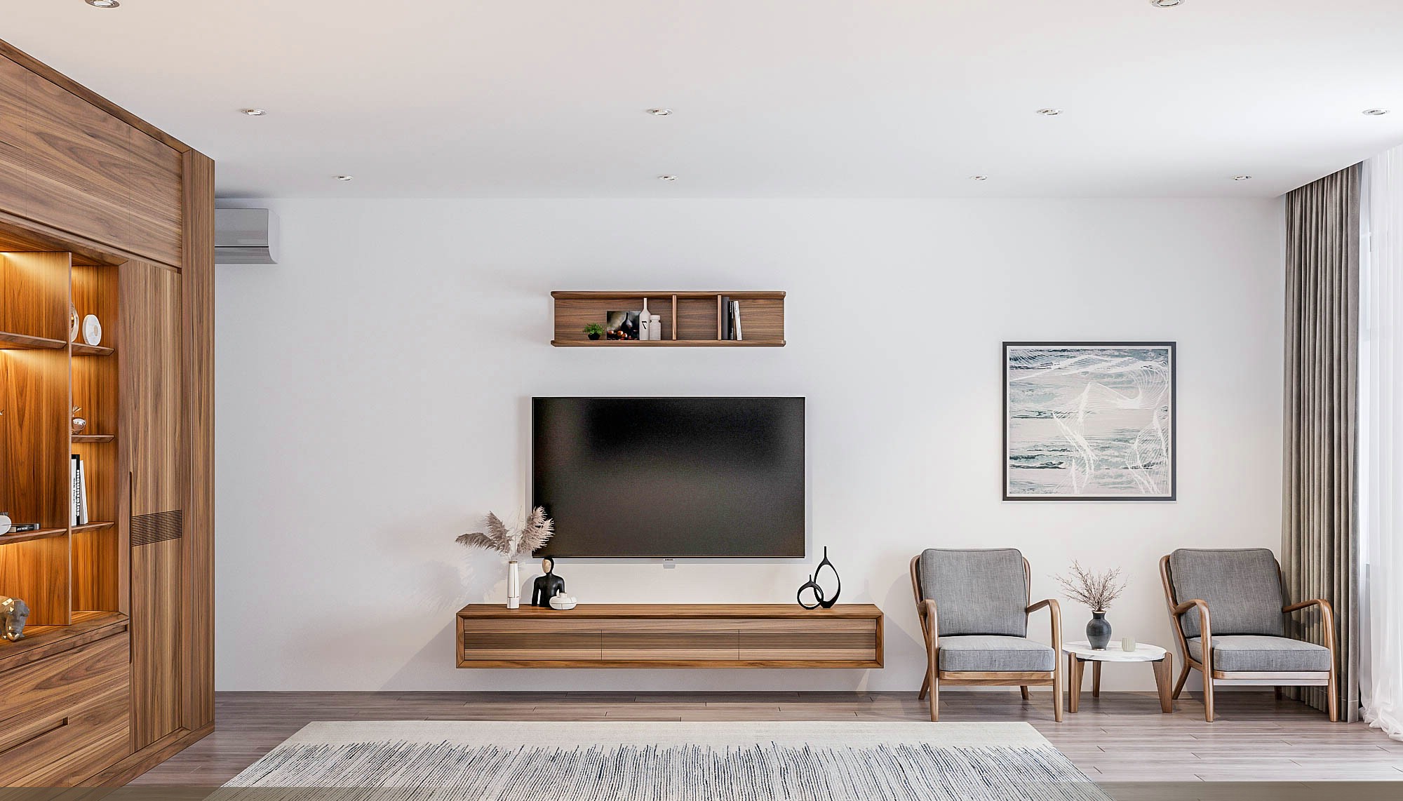 Kệ tivi đơn giản mà đẹp treo tường, hình hộp chữ nhật ngang, 3 ngăn kéo cánh gỗ CNC kẻ ngang phối màu nâu