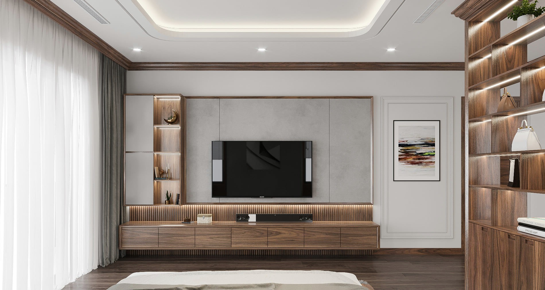 Kệ tivi đơn giản treo tường phòng ngủ với hệ kệ hộp chữ nhật và tủ treo trang trí hiện đại