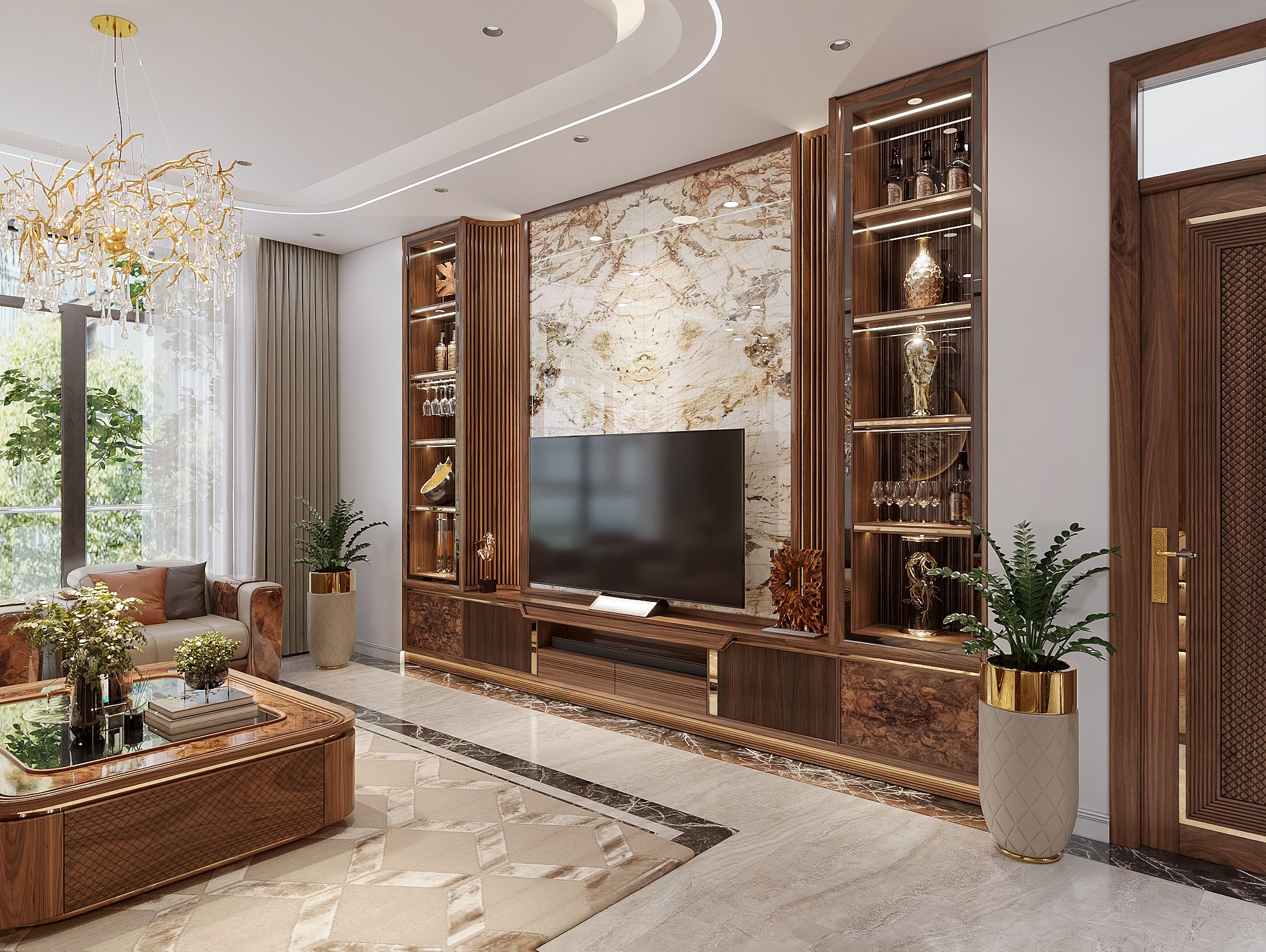 Kệ tivi hiện đại đẹp bằng gỗ tự nhiên màu nâu trầm với viền mạ vàng đồng và tủ rượu hai bên