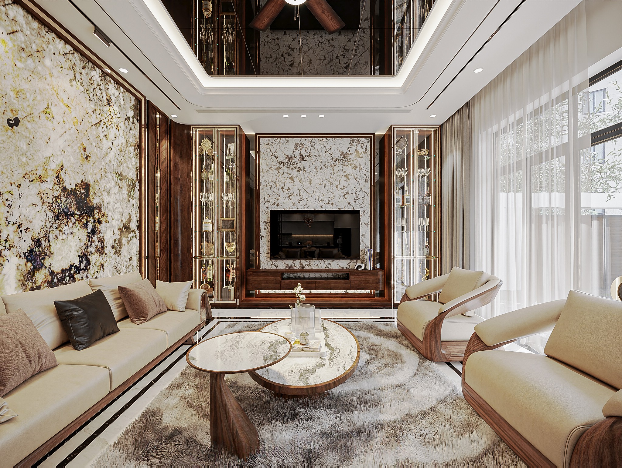 Kệ tivi kết hợp tủ rượu gỗ tự nhiên màu nâu đậm với cánh kính mạ vàng đồng