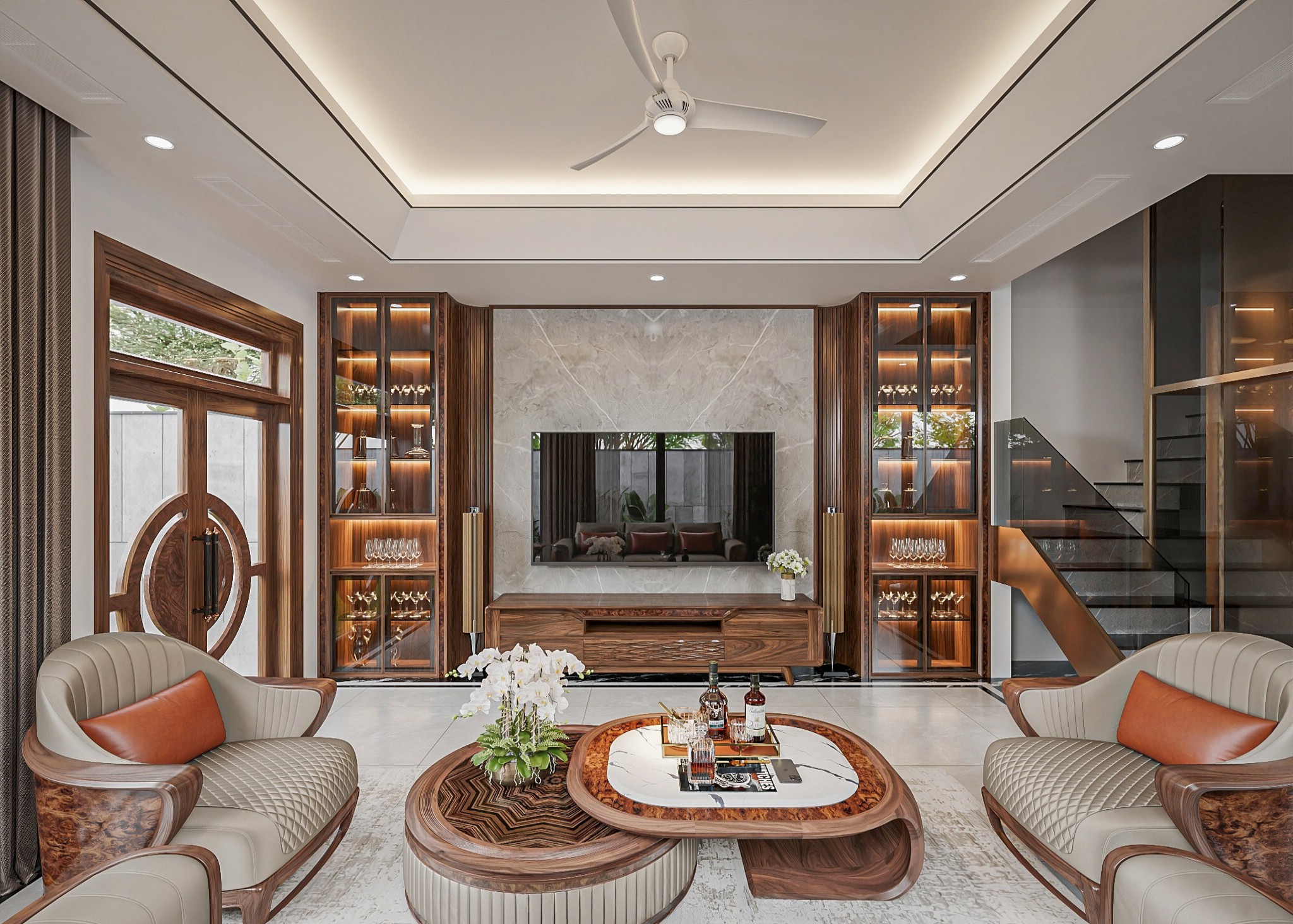 Kệ tivi phòng khách hiện đại với tủ rượu kính hai bên và ngăn kéo CNC sóng nước