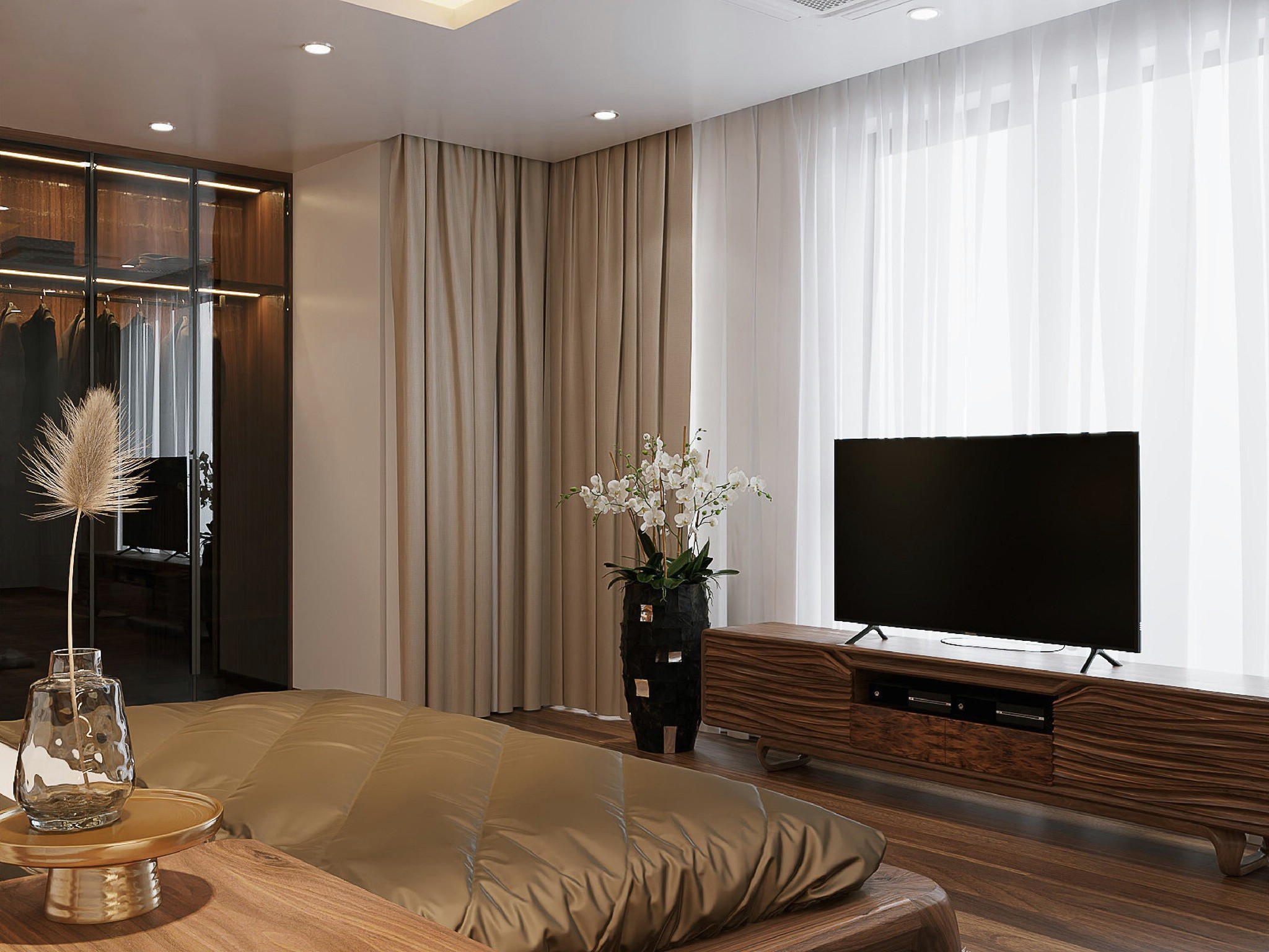 Kệ tivi phòng ngủ hiện đại gỗ óc chó chân thuyền