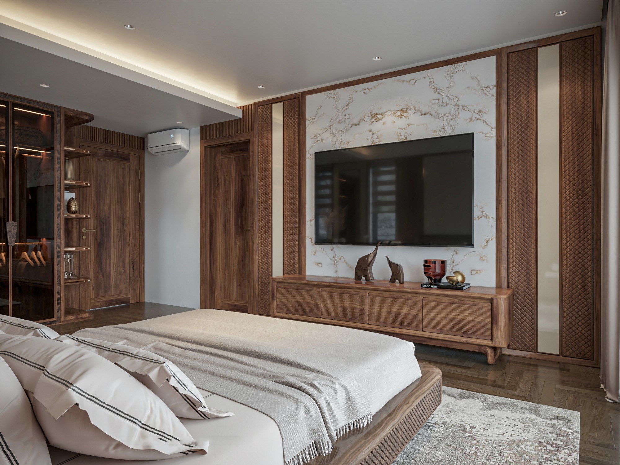 Kệ tivi phòng ngủ dáng thấp hình hộp chữ nhật gỗ óc chó hoặc gỗ sồi CNC kẻ sọc