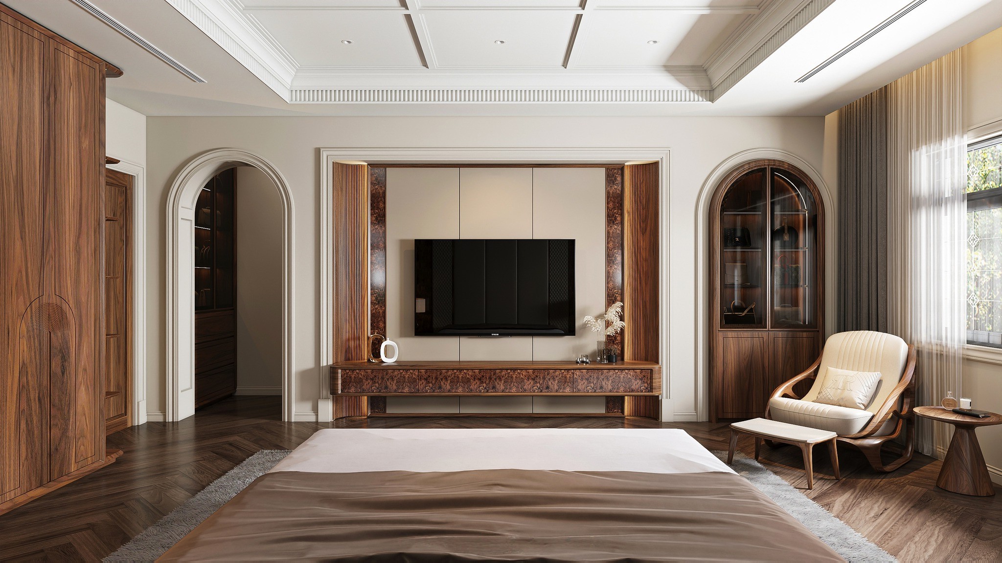 Kệ tivi treo tường gỗ óc chó đẹp với 4 ngăn kéo veneer nu sang trọng