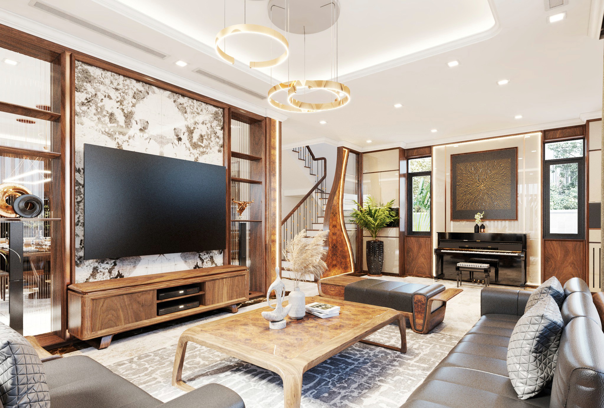 Kệ tivi vách ngăn phòng khách gỗ óc chó kết hợp vách đá marble hiện đại