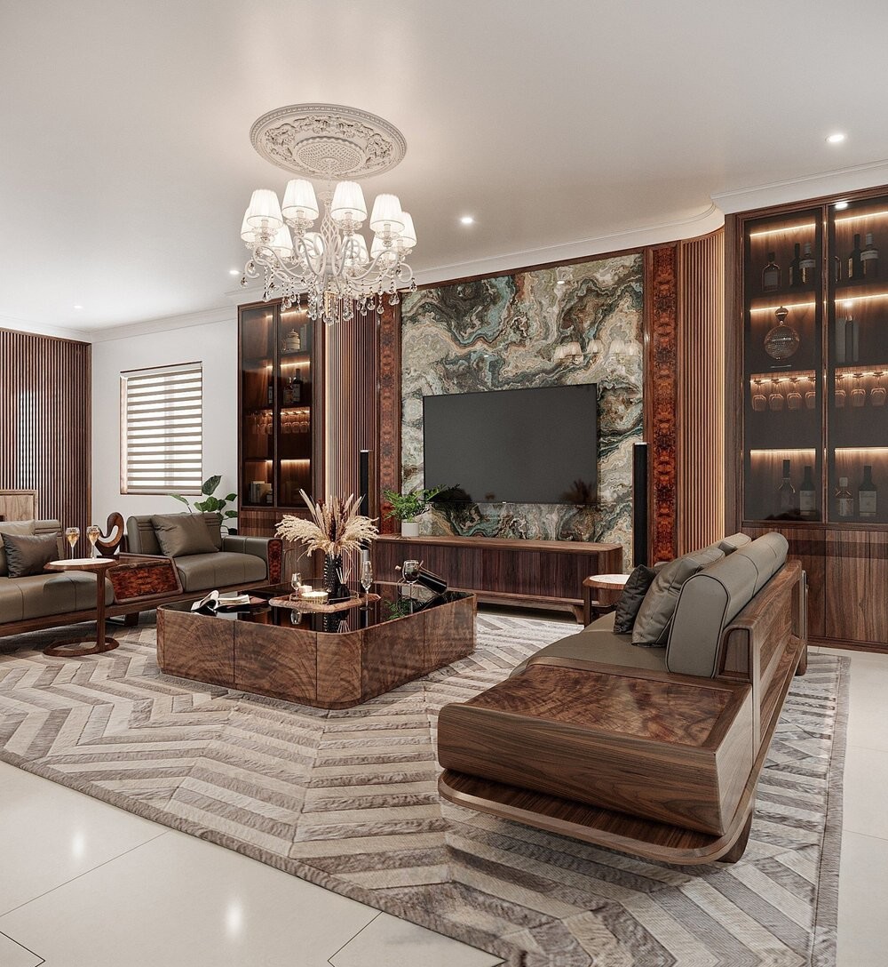 Kệ tủ rượu phòng khách chữ I cao kịch trần hiện đại