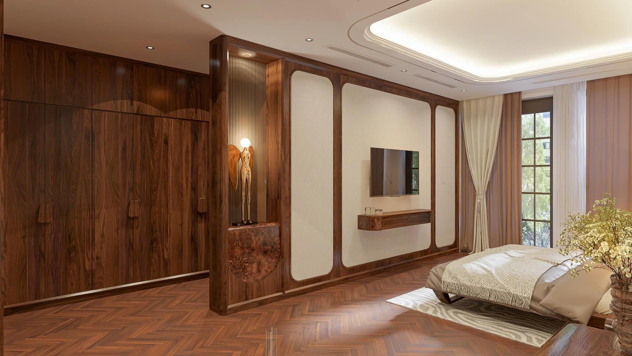 Kệ vách ngăn đẹp phòng ngủ gỗ tần bì