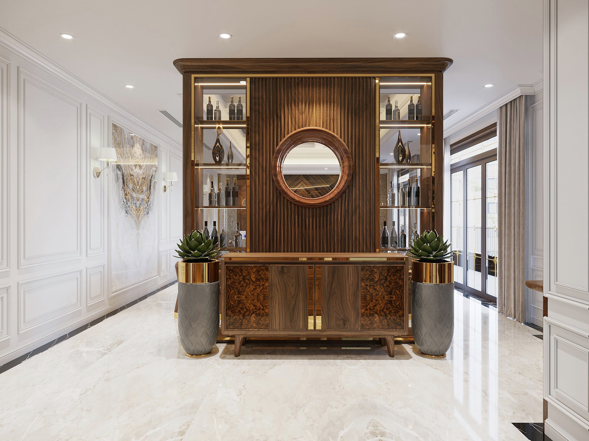 Kệ vách ngăn phòng khách gỗ tự nhiên cao kịch trần với thiết kế lam sóng và cutout hình tròn