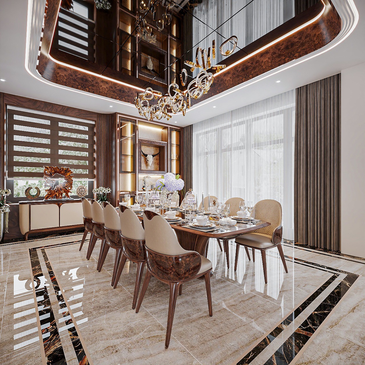 Mẫu bàn ăn đẹp 10 ghế với mặt kính viền gỗ và ghế bọc da quả trám