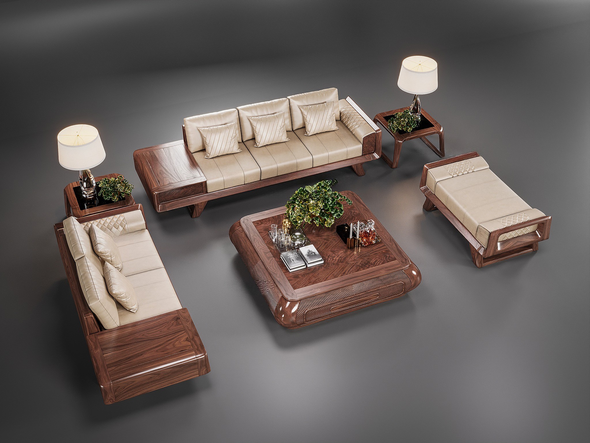 Mẫu bàn ghế gỗ phòng khách gỗ óc chó chữ U với đệm da vàng ánh kim