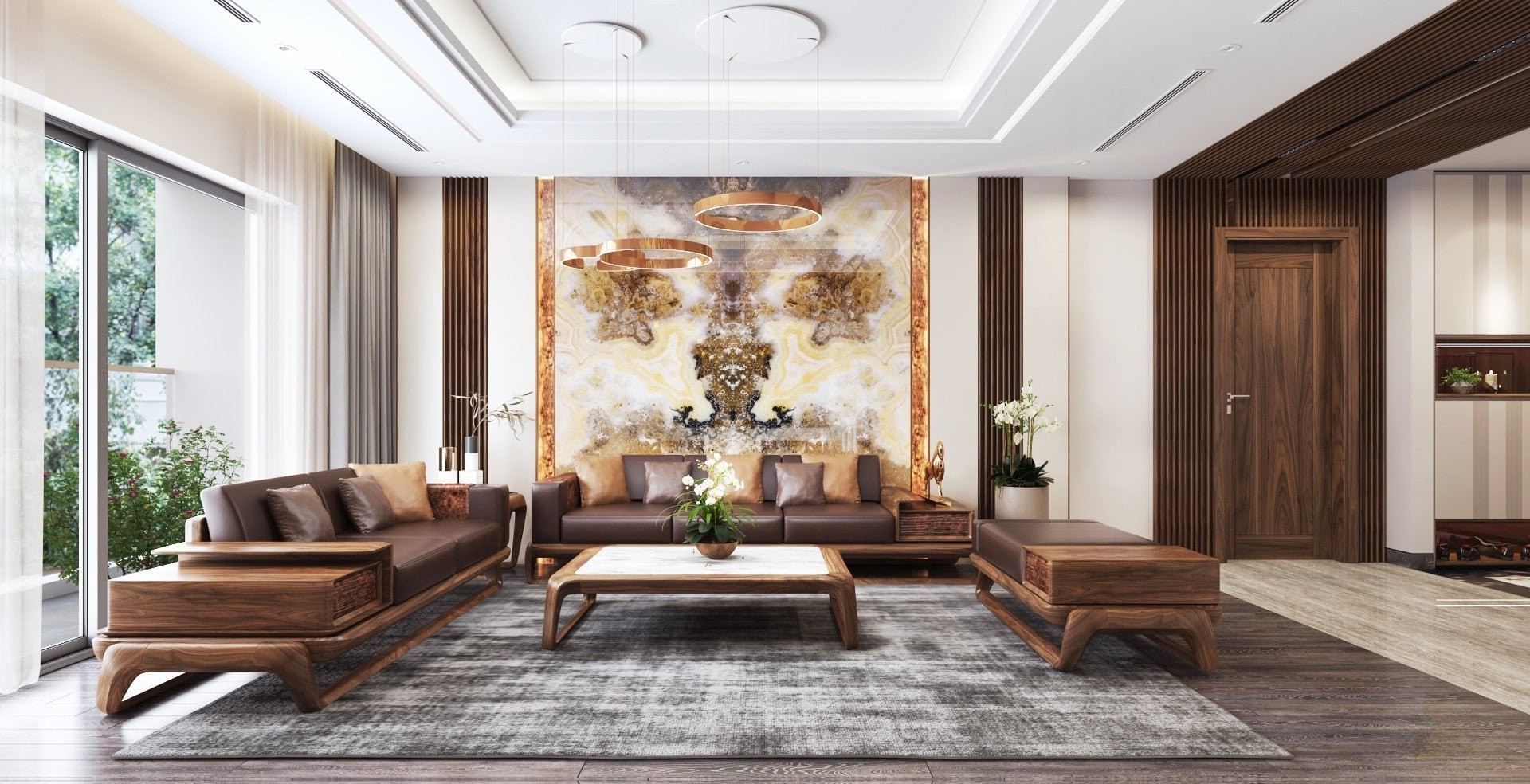 Mẫu bàn ghế phòng khách đẹp với đệm da PU nâu chocolate và bàn trà đá marble trắng