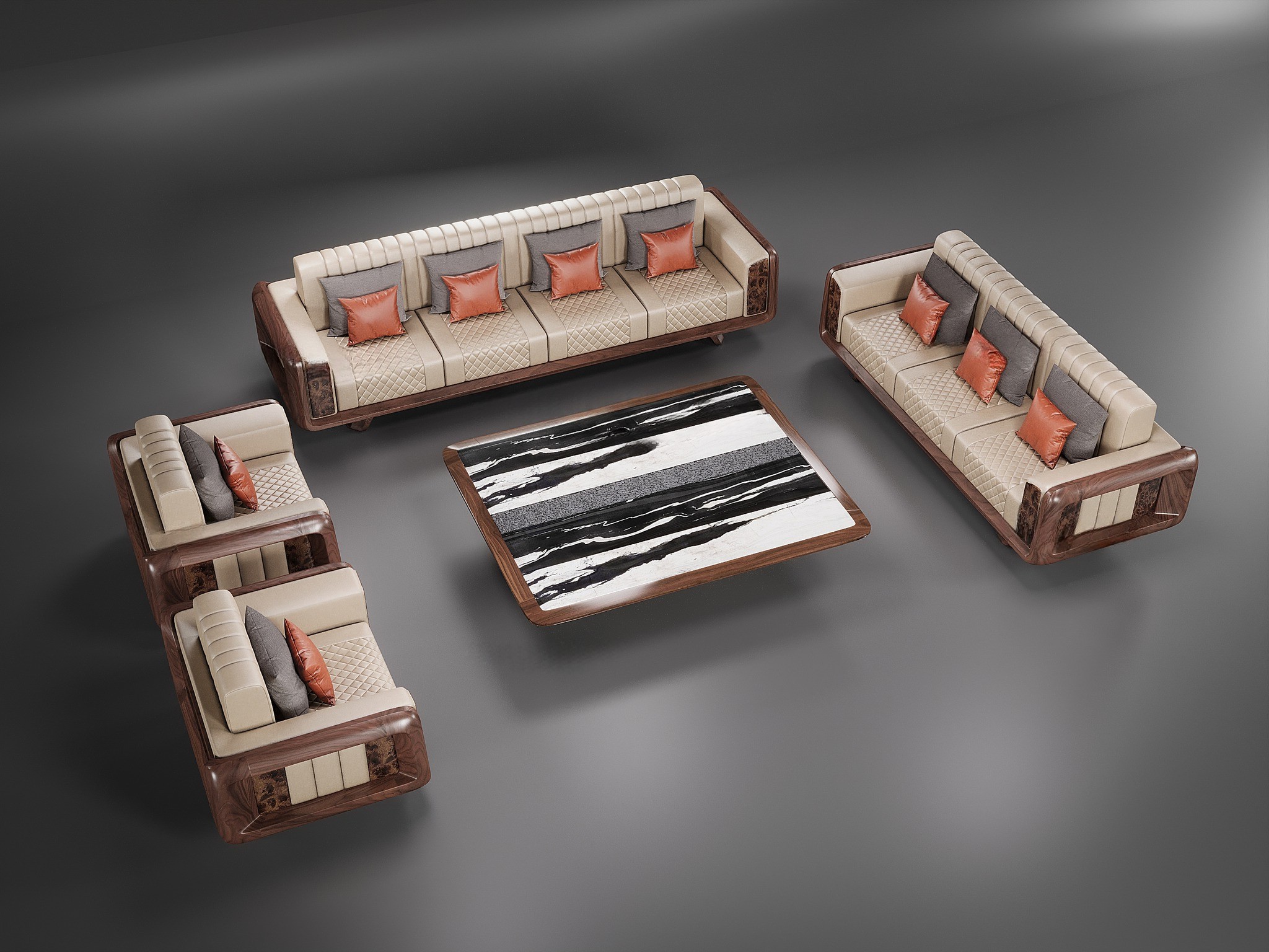 Mẫu bàn ghế sofa gỗ mới nhất bằng gỗ óc chó với đệm da cao cấp và bàn trà mặt đá trắng đen