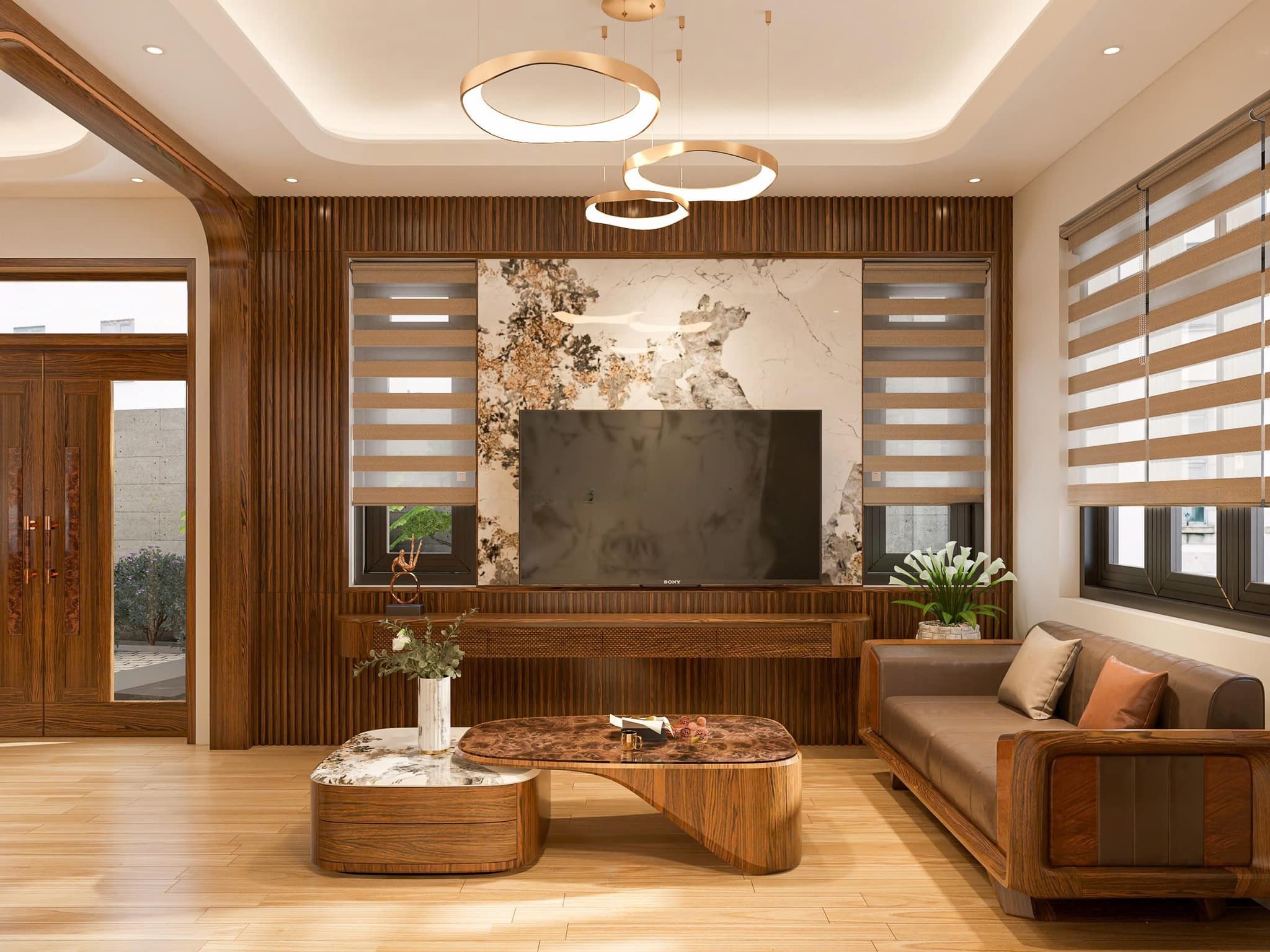 Mẫu bàn trà đẹp đơn giản 2 cấp cao thấp kết hợp gỗ veneer nu và đá cẩm thạch