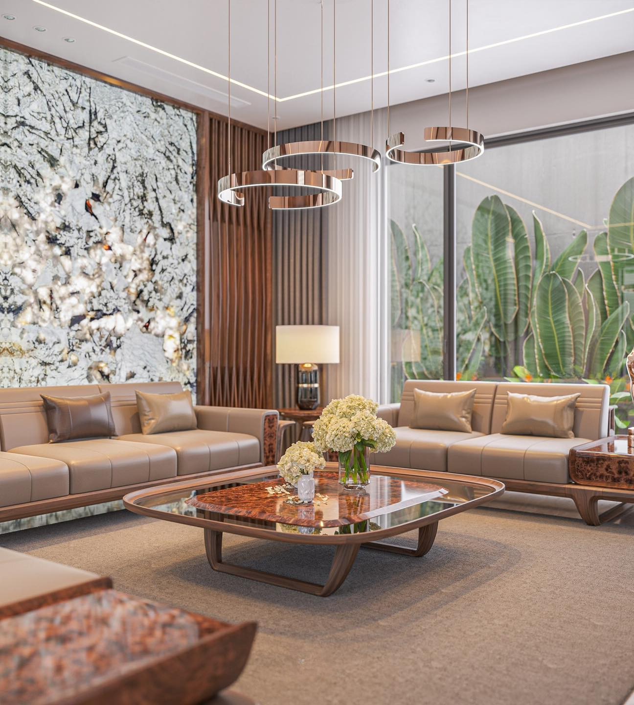 Mẫu bàn trà đẹp gỗ óc chó tự nhiên mặt kính hiện đại