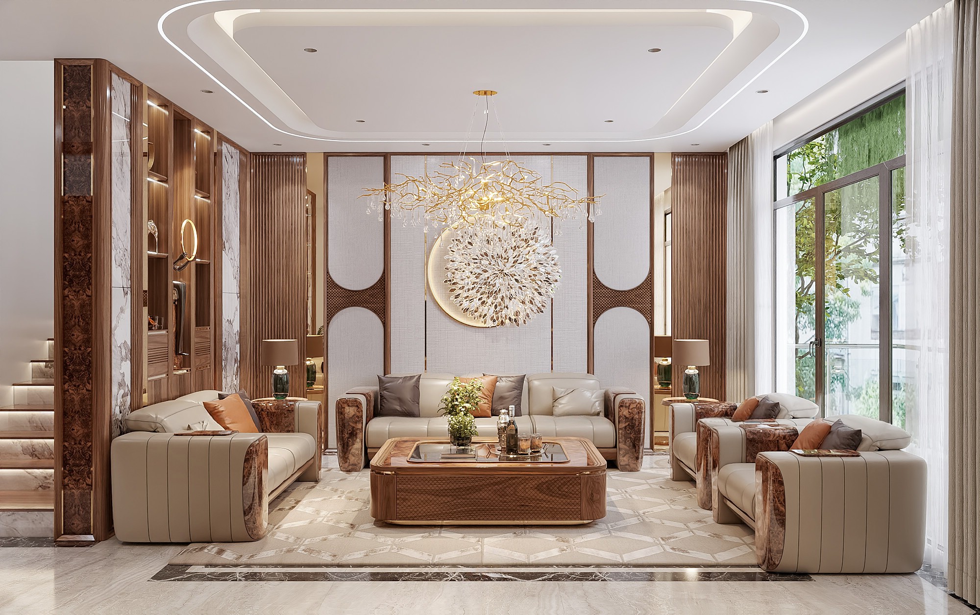 Mẫu bộ bàn ghế phòng khách đẹp gỗ tự nhiên bọc da PU be đậm