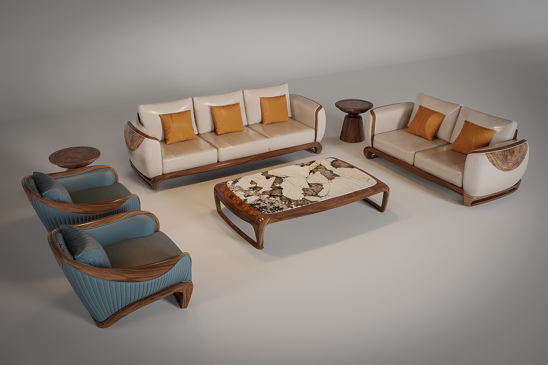 Mẫu ghế sofa gỗ óc chó màu nâu đậm với bàn trà đá tự nhiên sang trọng