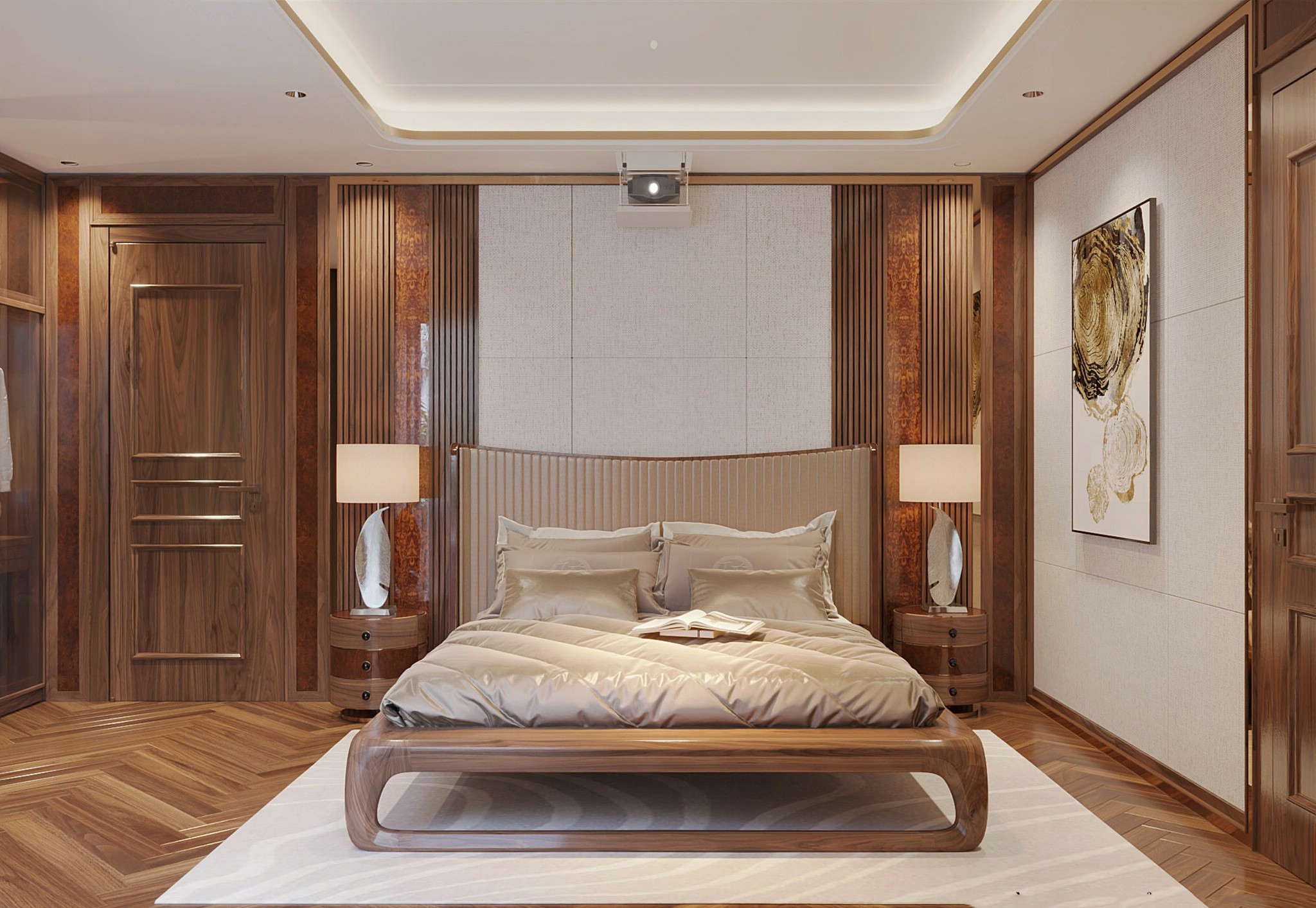 Mẫu giường gỗ óc chó đơn giản đẹp với khung bo tròn tinh tế