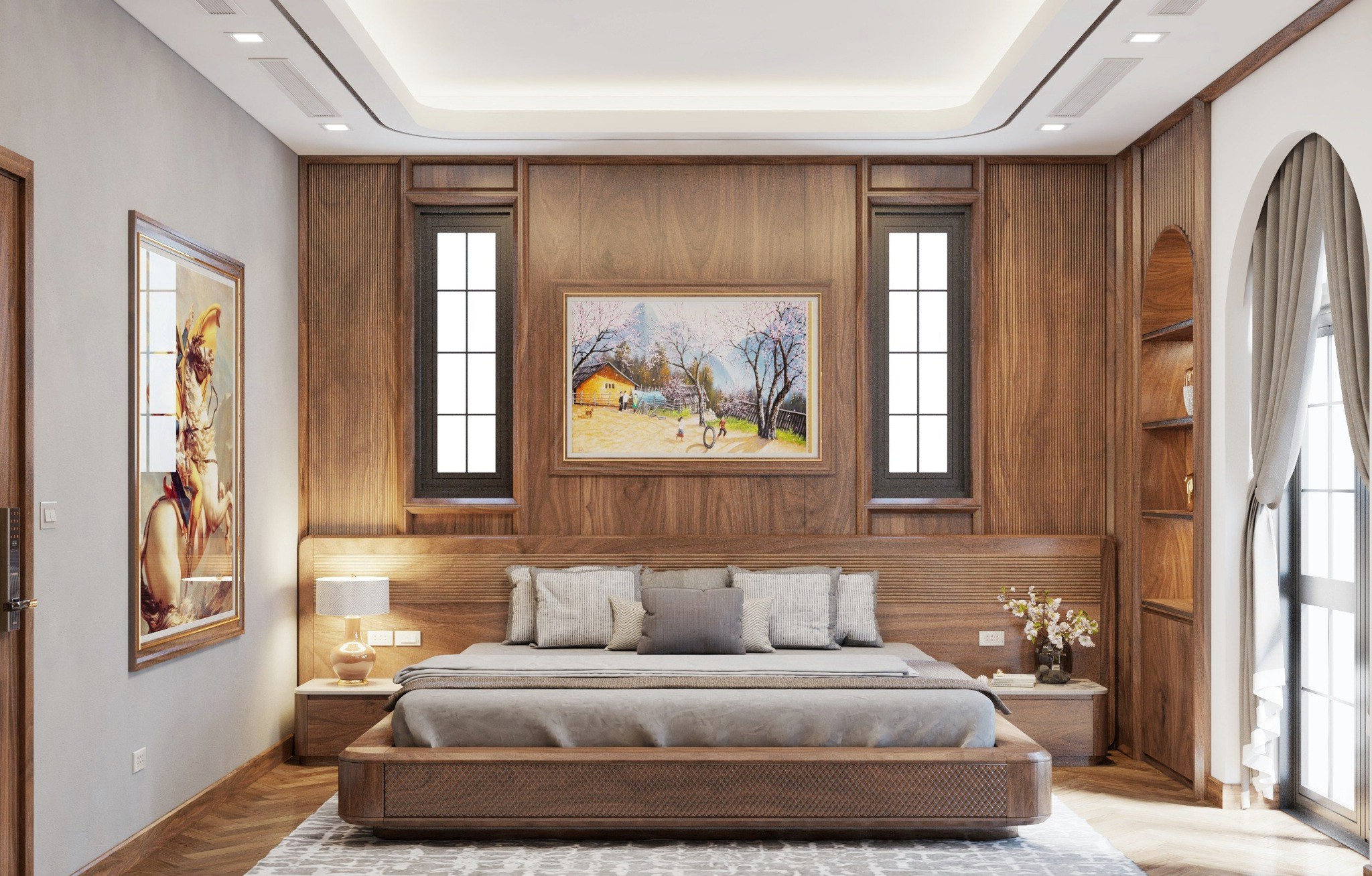 Mẫu giường ngủ gỗ đẹp với thiết kế hộp chữ nhật và tựa đầu gỗ tấm ghép nối sang trọng