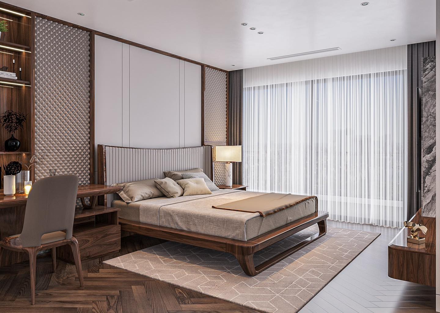 Mẫu giường ngủ gỗ óc chó dáng thấp với tựa đầu bọc da ghi đá