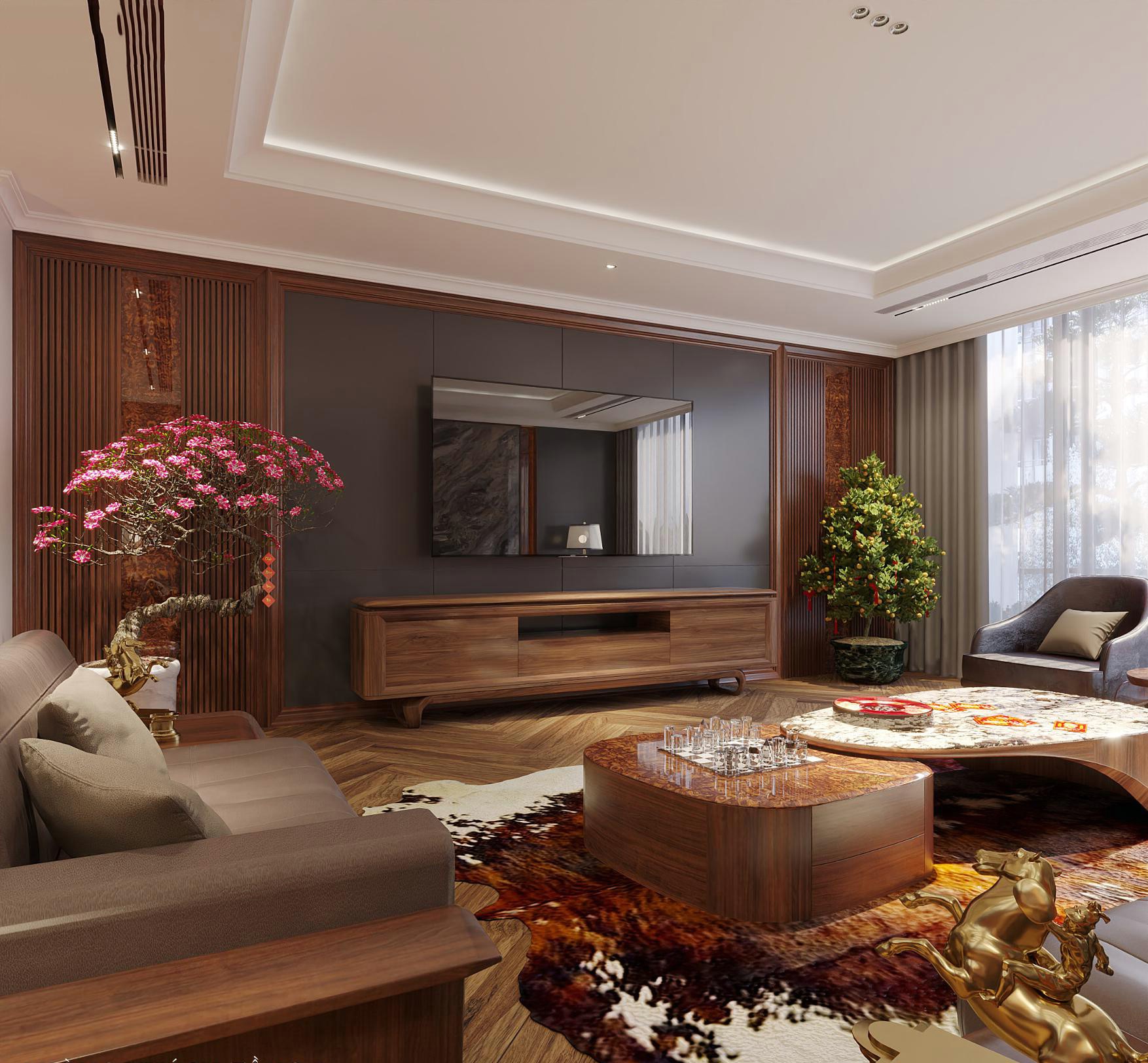 Mẫu kệ tivi đẹp hiện đại gỗ óc chó hoặc gỗ sồi dáng thấp chân chữ U