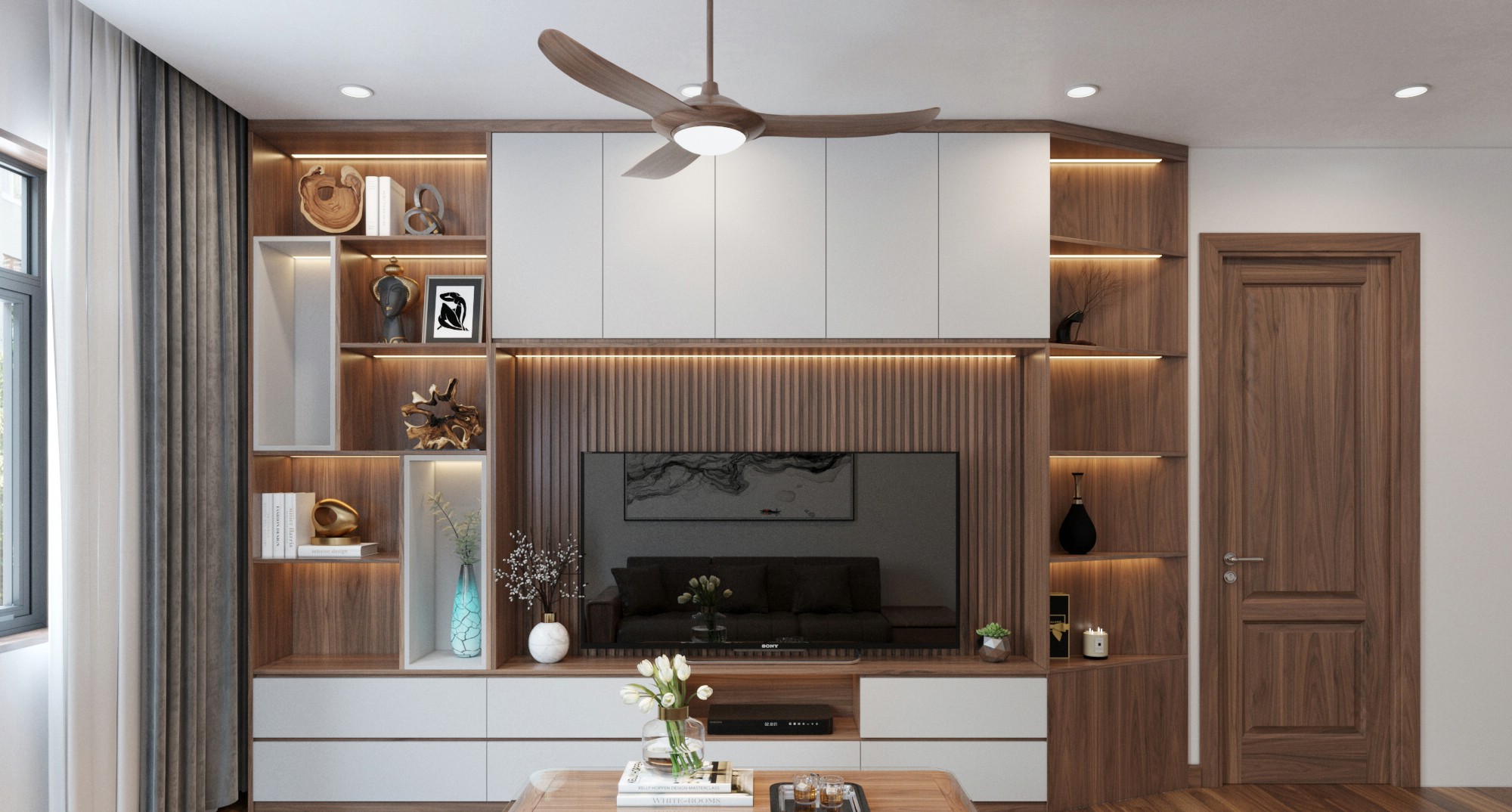 Mẫu kệ tivi gỗ đẹp hiện đại MDF với hệ tủ acrylic trắng và kệ trang trí nhiều tầng