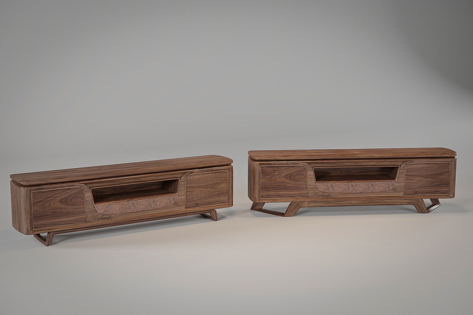 Mẫu kệ tivi gỗ óc chó hiện đại với thiết kế bo tròn và ngăn kéo veneer nu sang trọng