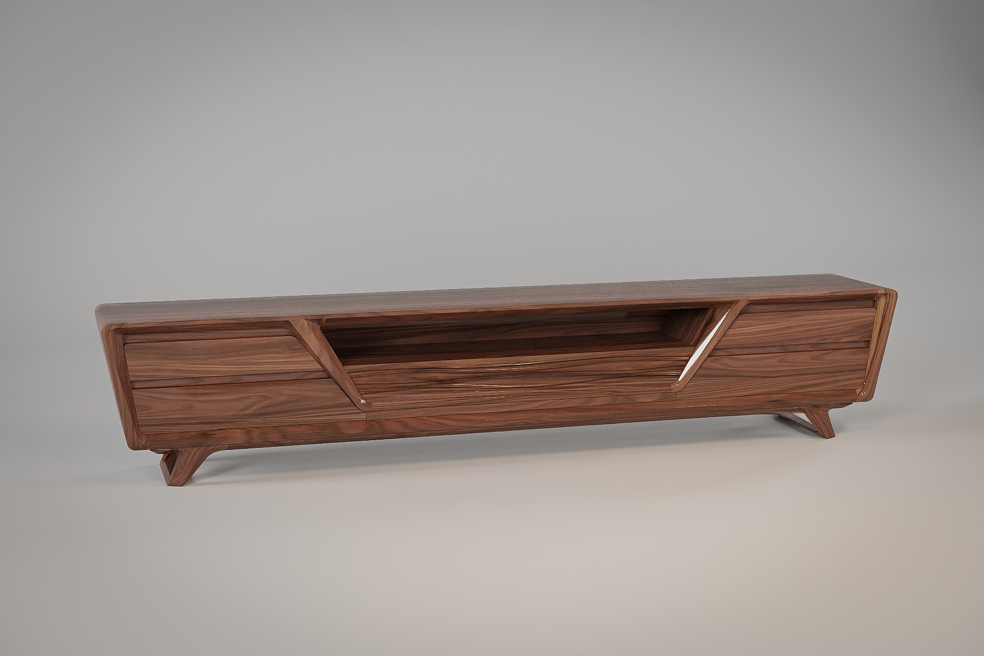 Mẫu kệ tivi hiện đại dáng thấp hình thang gỗ tự nhiên với chân chữ U vát chéo