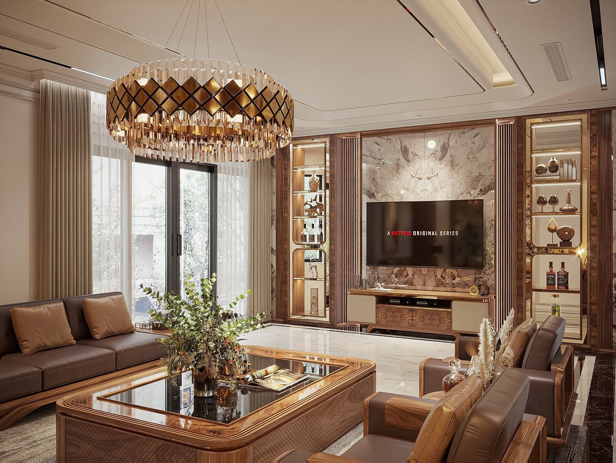 Mẫu kệ tivi phòng khách gỗ tự nhiên hiện đại với viền mạ vàng và ngăn CNC caro