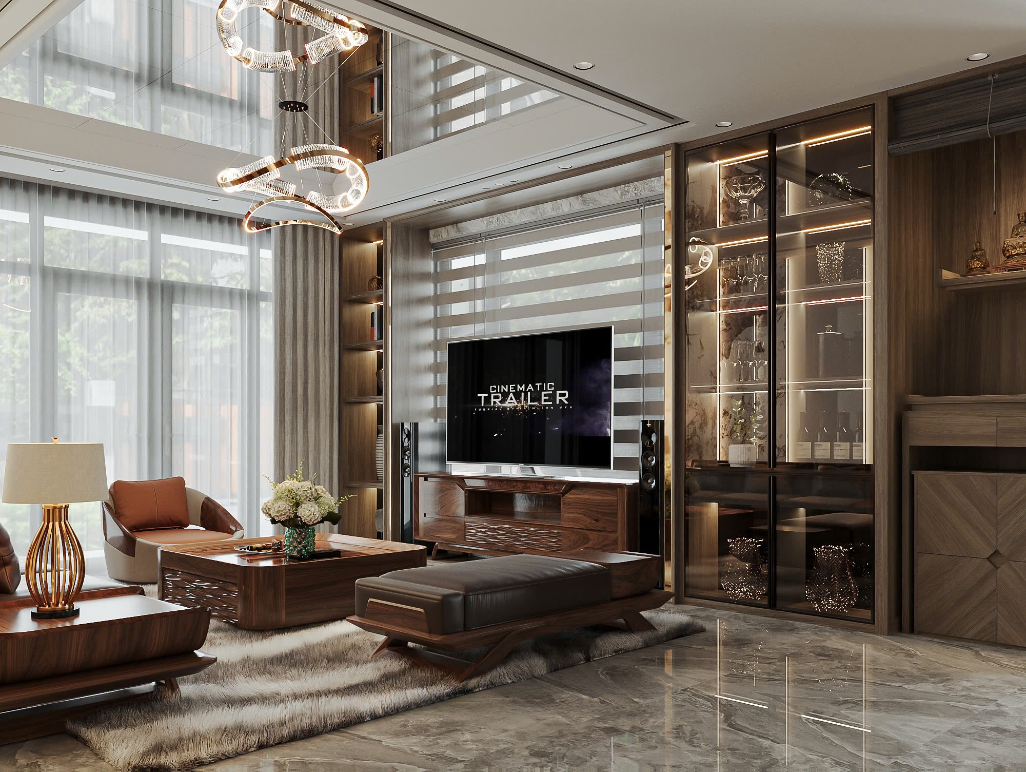 Mẫu kệ tivi phòng khách gỗ óc chó thiết kế hiện đại