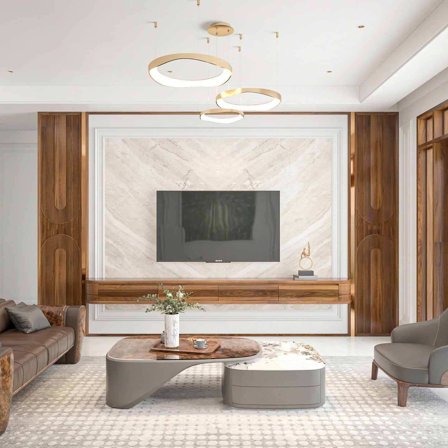 Mẫu kệ tivi treo tường hiện đại gỗ sồi Nga