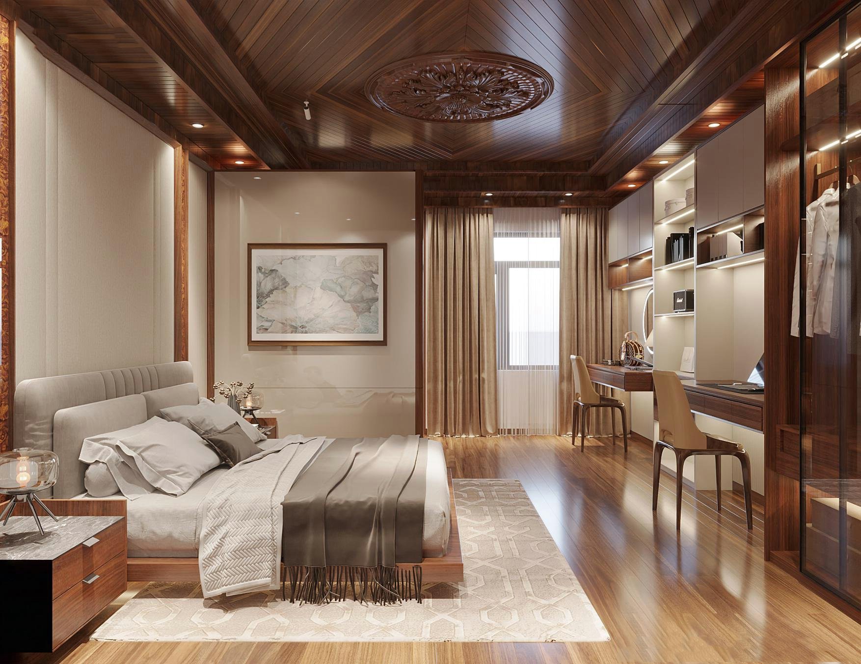 Mẫu nội thất phòng ngủ hiện đại với giường led âm, tab mặt đá và tủ kính lùa