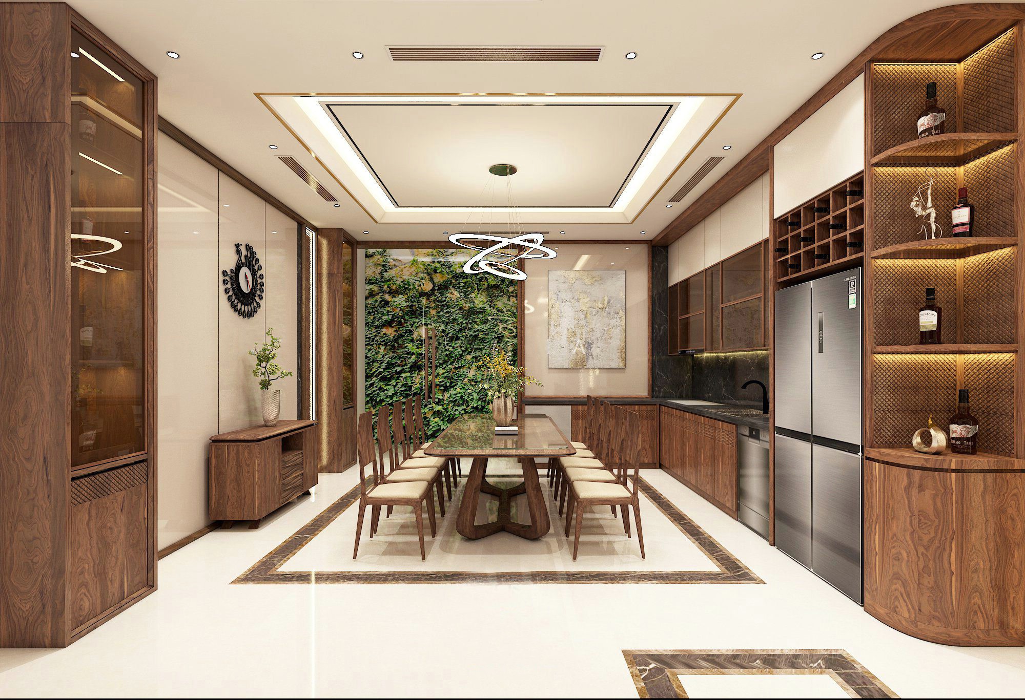 Mẫu phòng bếp đẹp hiện đại với bàn ăn 10 ghế và tủ bếp chữ L sang trọng