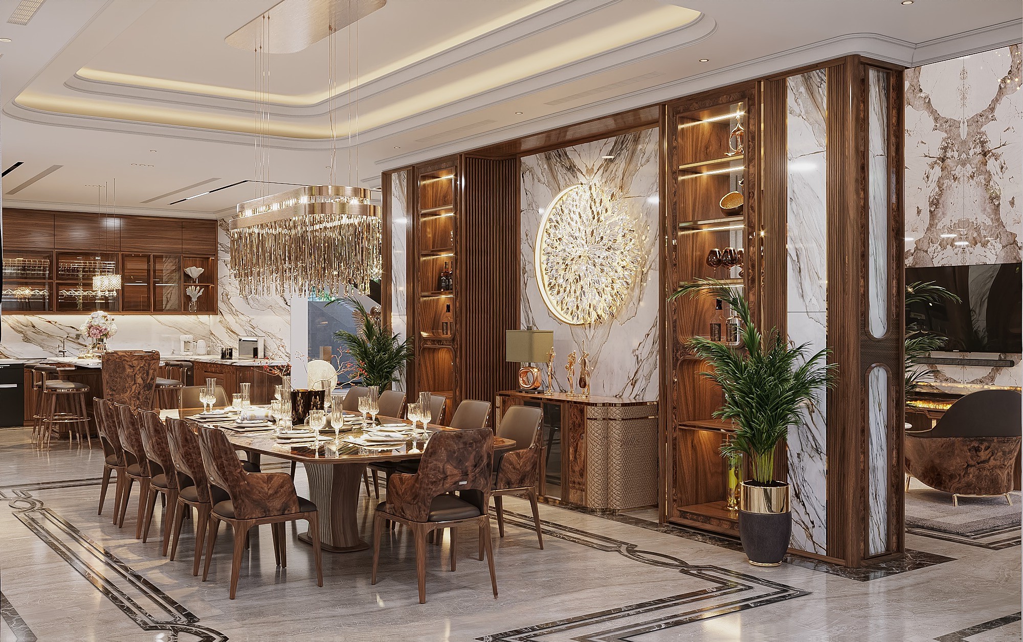 Mẫu phòng bếp đẹp với bàn ăn gỗ óc chó 12 ghế và tủ bếp chữ L veneer nâu đỏ