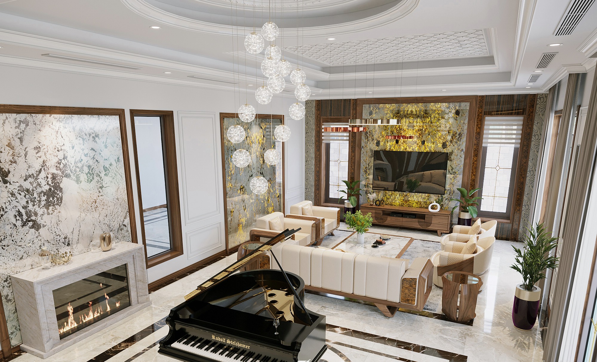 Mẫu phòng khách hiện đại với sofa gỗ bọc da trắng kem và tường ốp PVC vân đá xuyên sáng