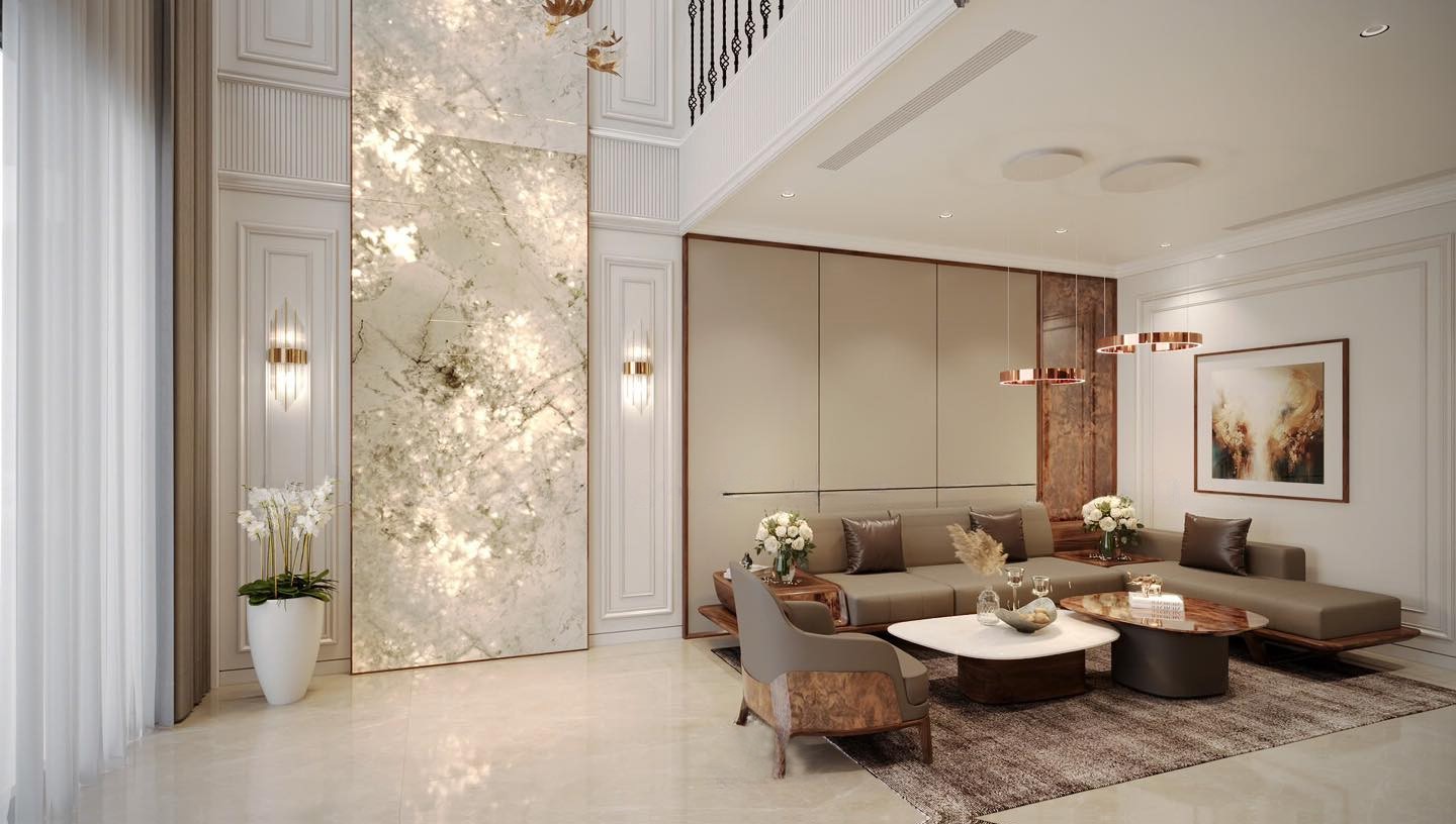 Mẫu sofa gỗ chữ L đẹp với khung gỗ óc chó và bàn trà 2 tầng hiện đại