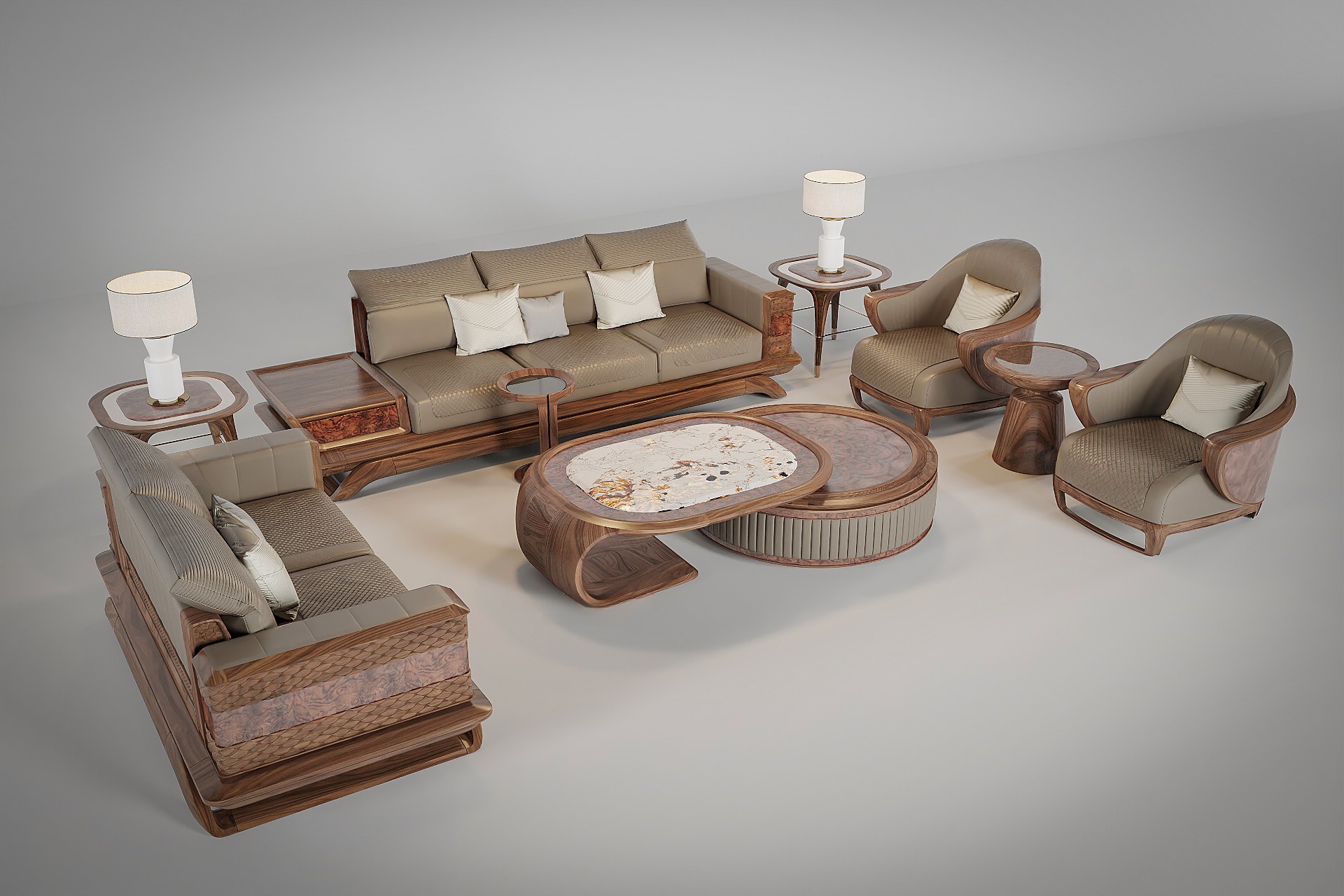 Mẫu sofa gỗ đẹp hiện đại với tay vịn CNC họa tiết vảy cá và đệm da ghi nâu