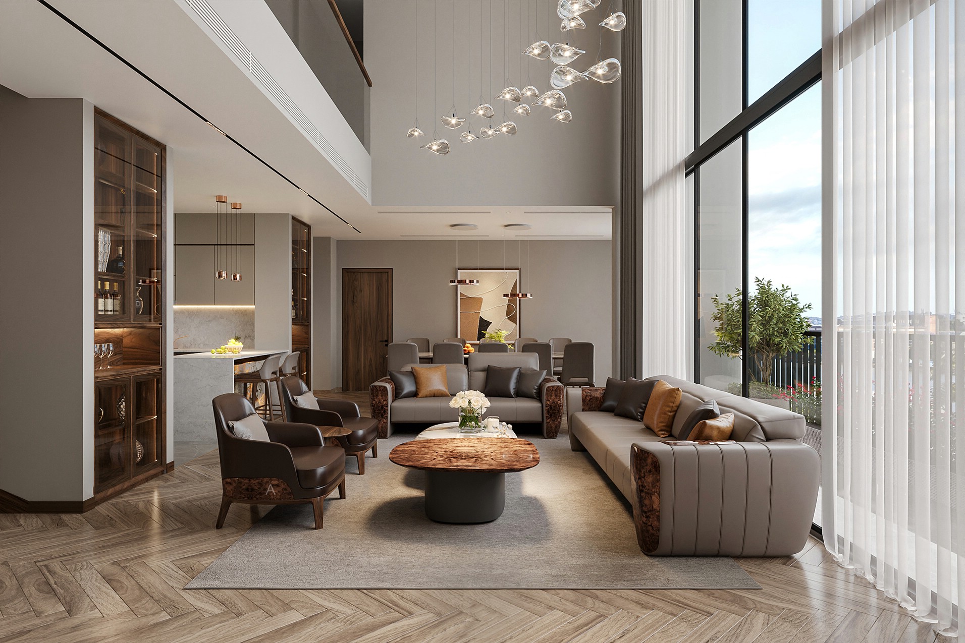 Mẫu sofa gỗ hiện đại với ghế bọc da ghi – nâu và bàn trà đôi veneer nu – marble